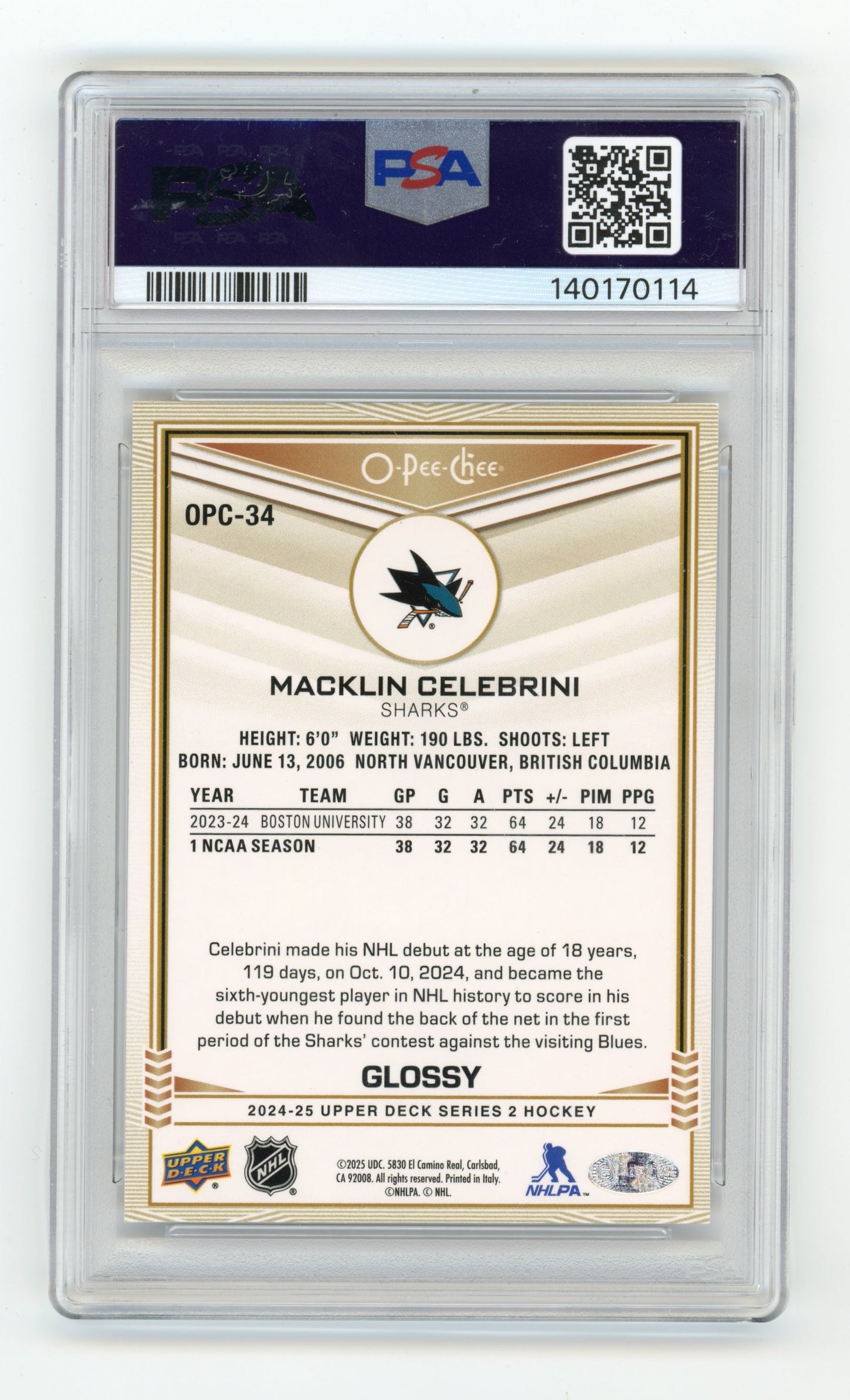 2024-25 Upper Deck Macklin Celebrini #OPC-34 O-Pee-Chee Glossy San Jose Sharks