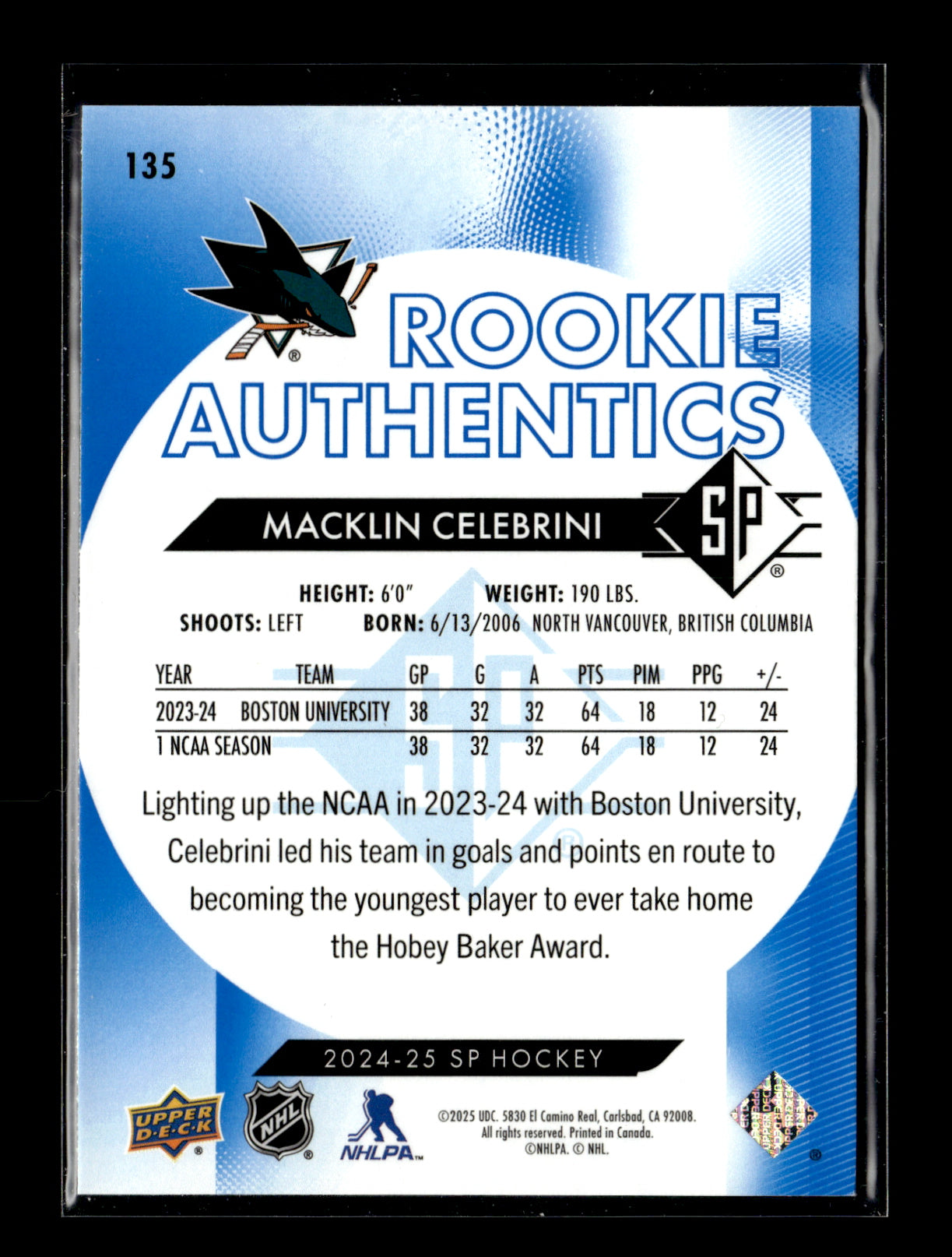2024-25 SP Macklin Celebrini #135 Blue San Jose Sharks
