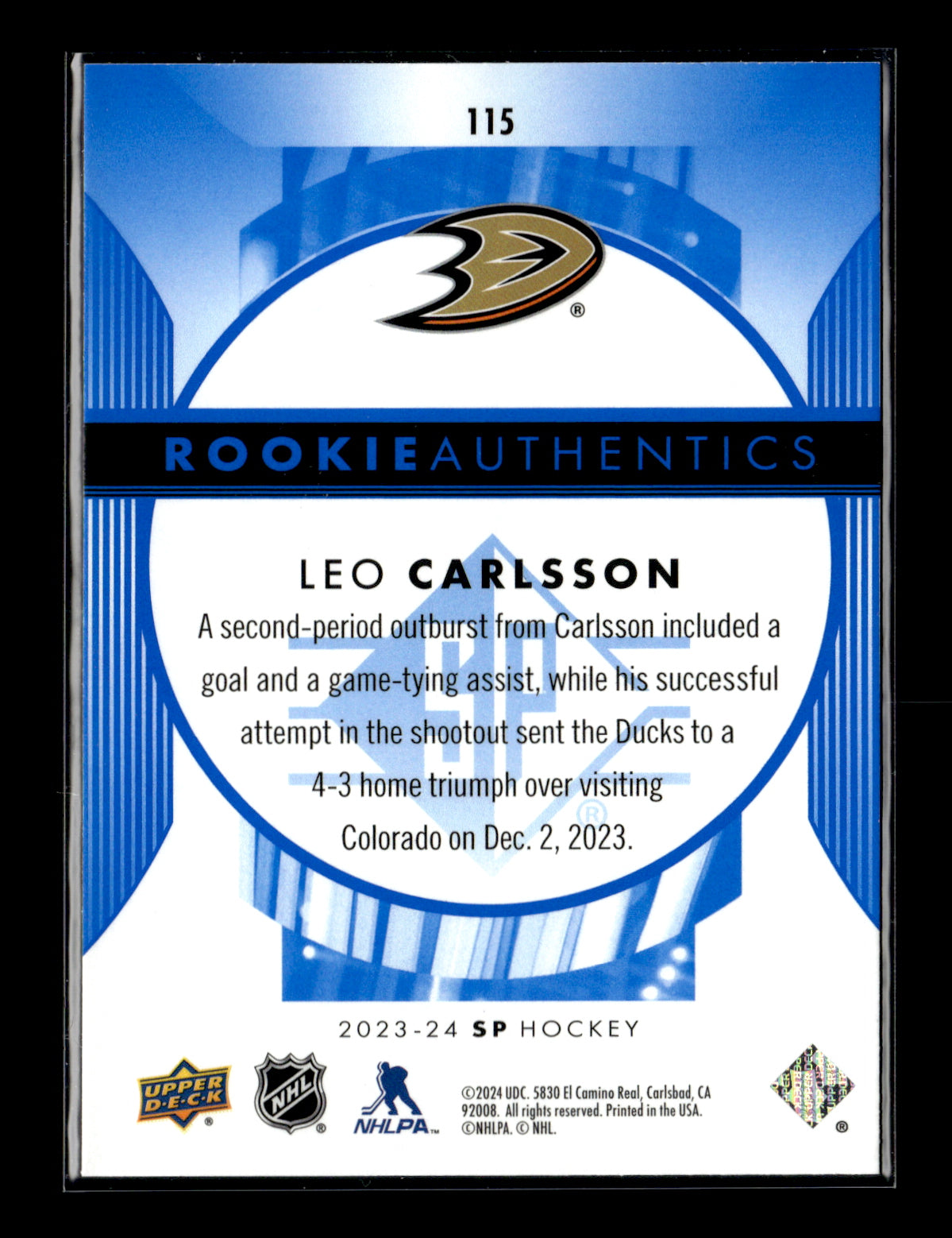 2023-24 SP Leo Carlsson #115 Blue Anaheim Ducks