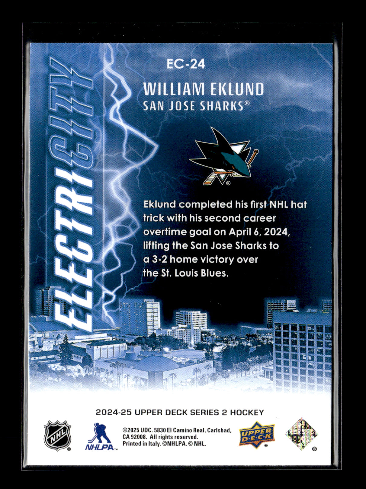 2024-25 Upper Deck William Eklund #EC-24 ElectriCITY San Jose Sharks