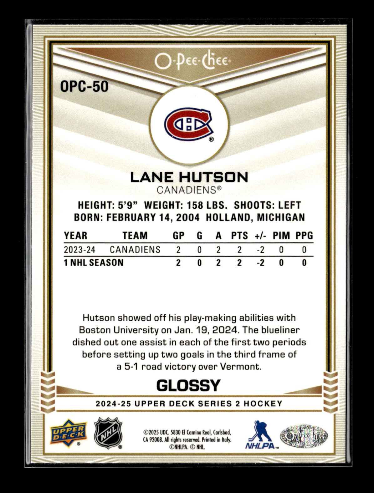 2024-25 Upper Deck Lane Hutson #OPC-50 O-Pee-Chee Glossy Montreal Canadiens