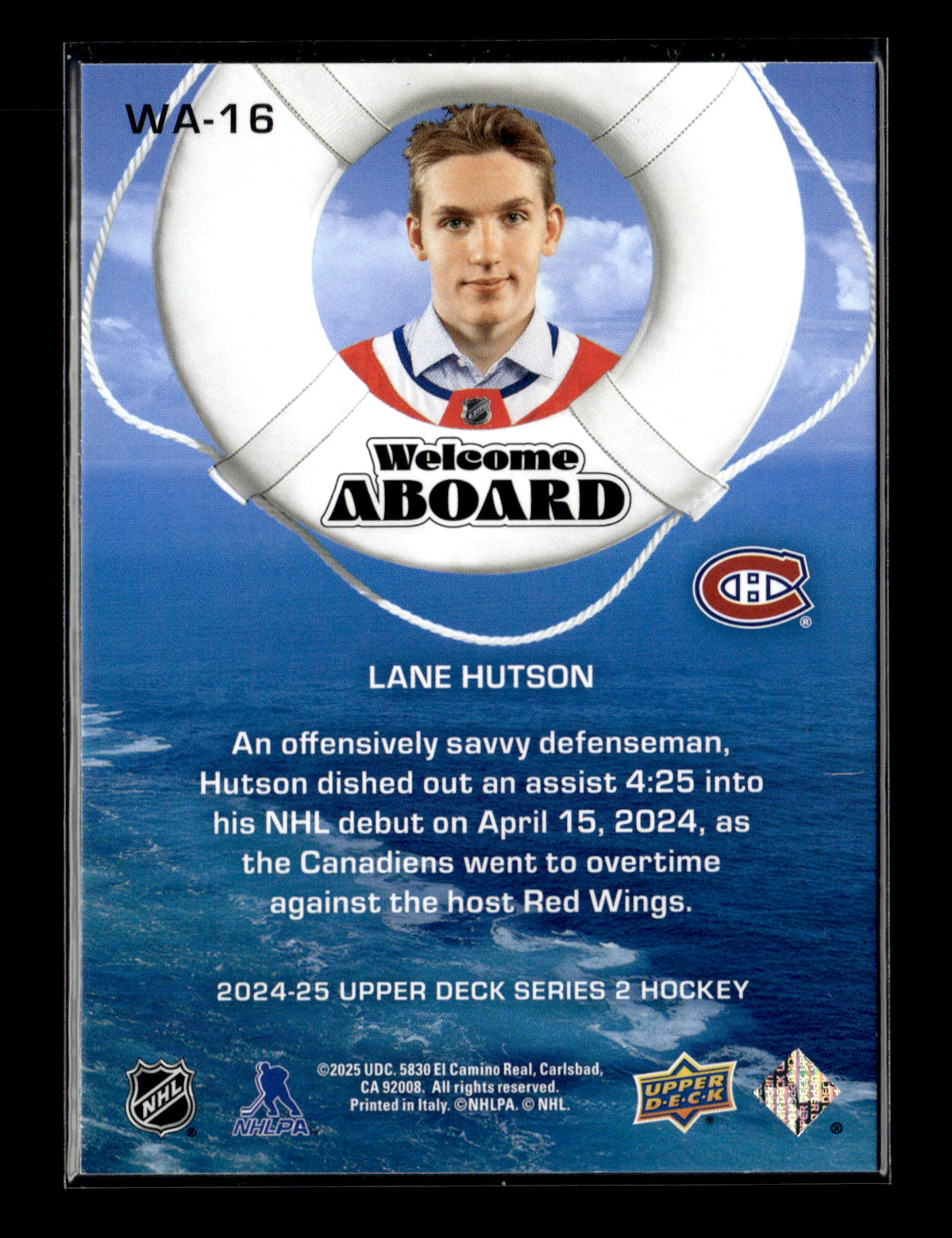 2024-25 Upper Deck Lane Hutson #WA-16 Welcome Aboard Black Montreal Canadiens