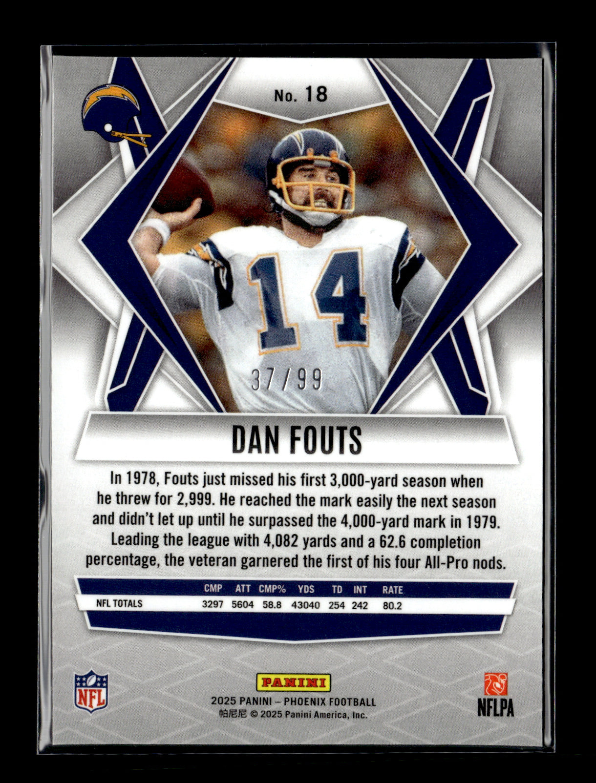 2025 Panini Phoenix Dan Fouts #18 Red Prizm #/99 San Diego Chargers