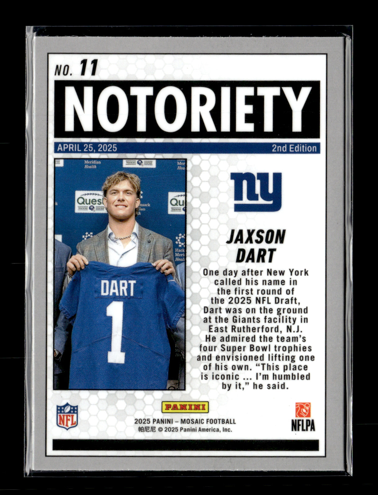 2025 Panini Mosaic Jaxson Dart #11 Notoriety New York Giants