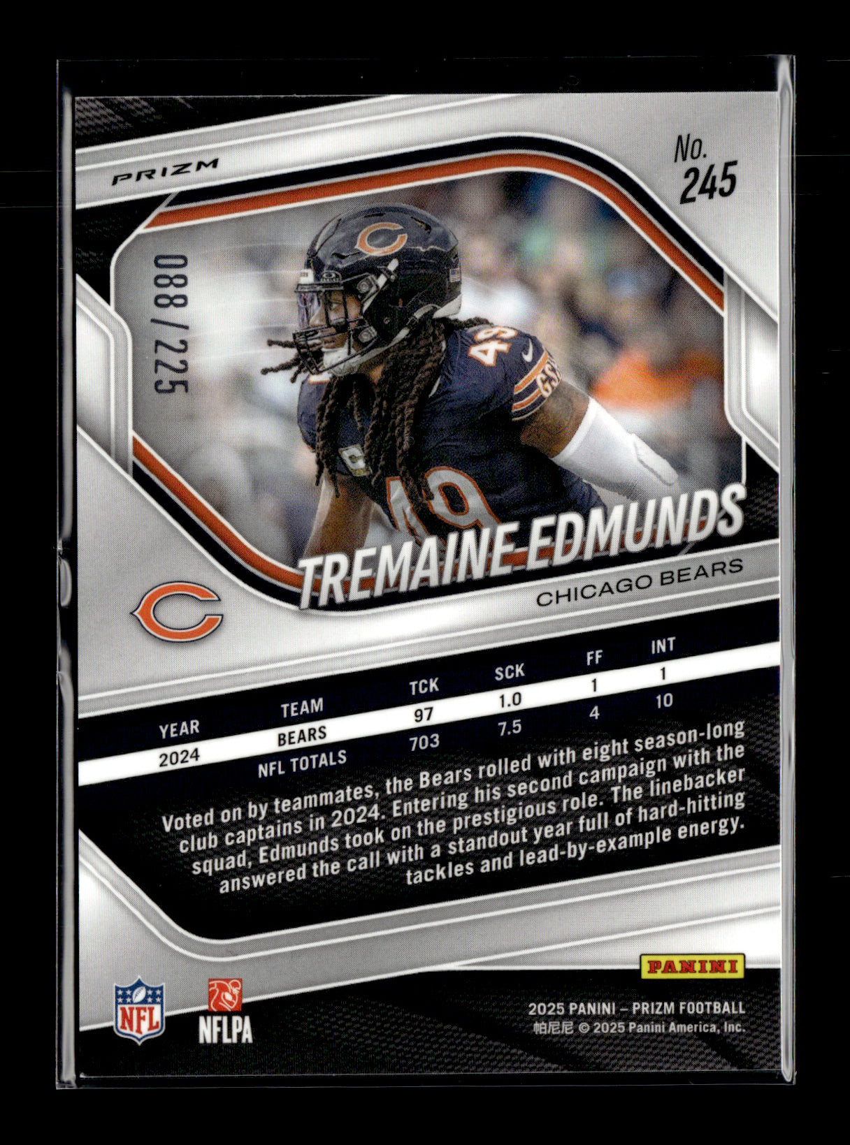 2025 Panini Prizm Tremaine Edmunds #245 Purple Ice #/225 Chicago Bears
