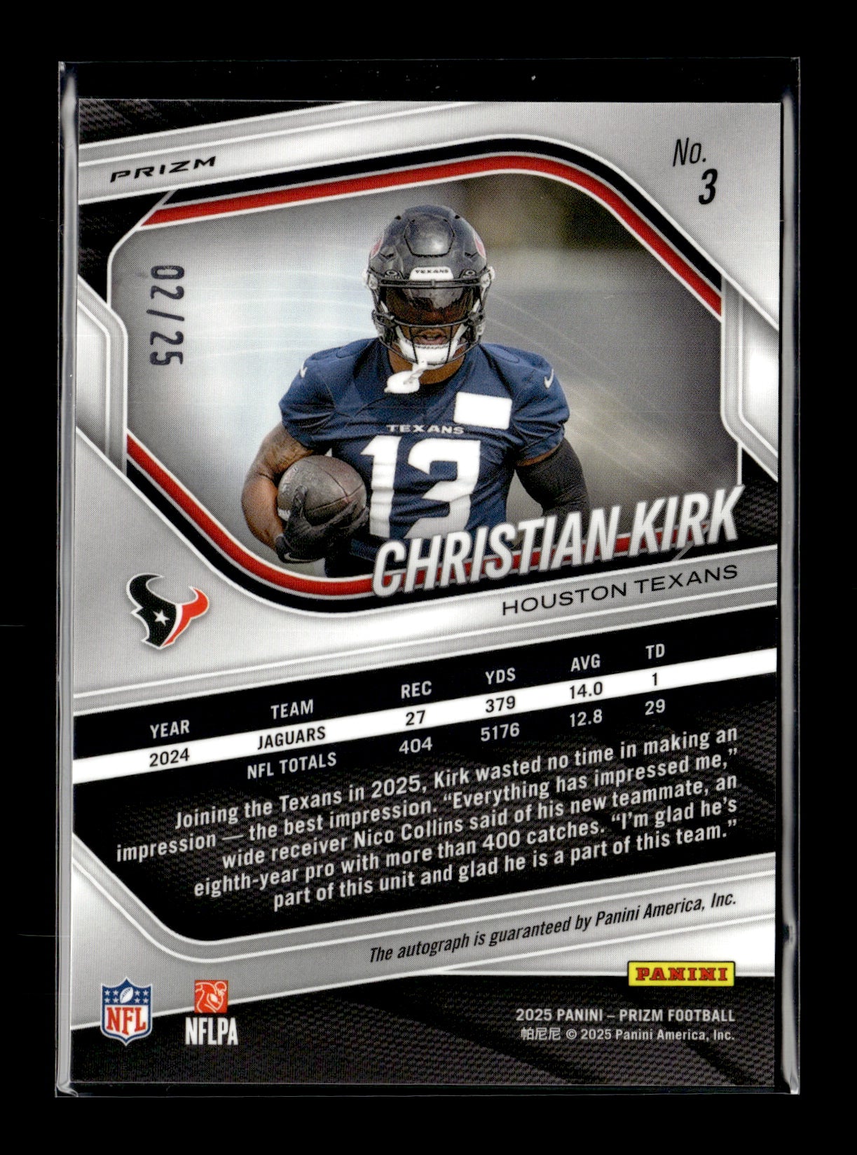 2025 Panini Prizm Christian Kirk #3 Blue Shimmer #/35 Houston Texans