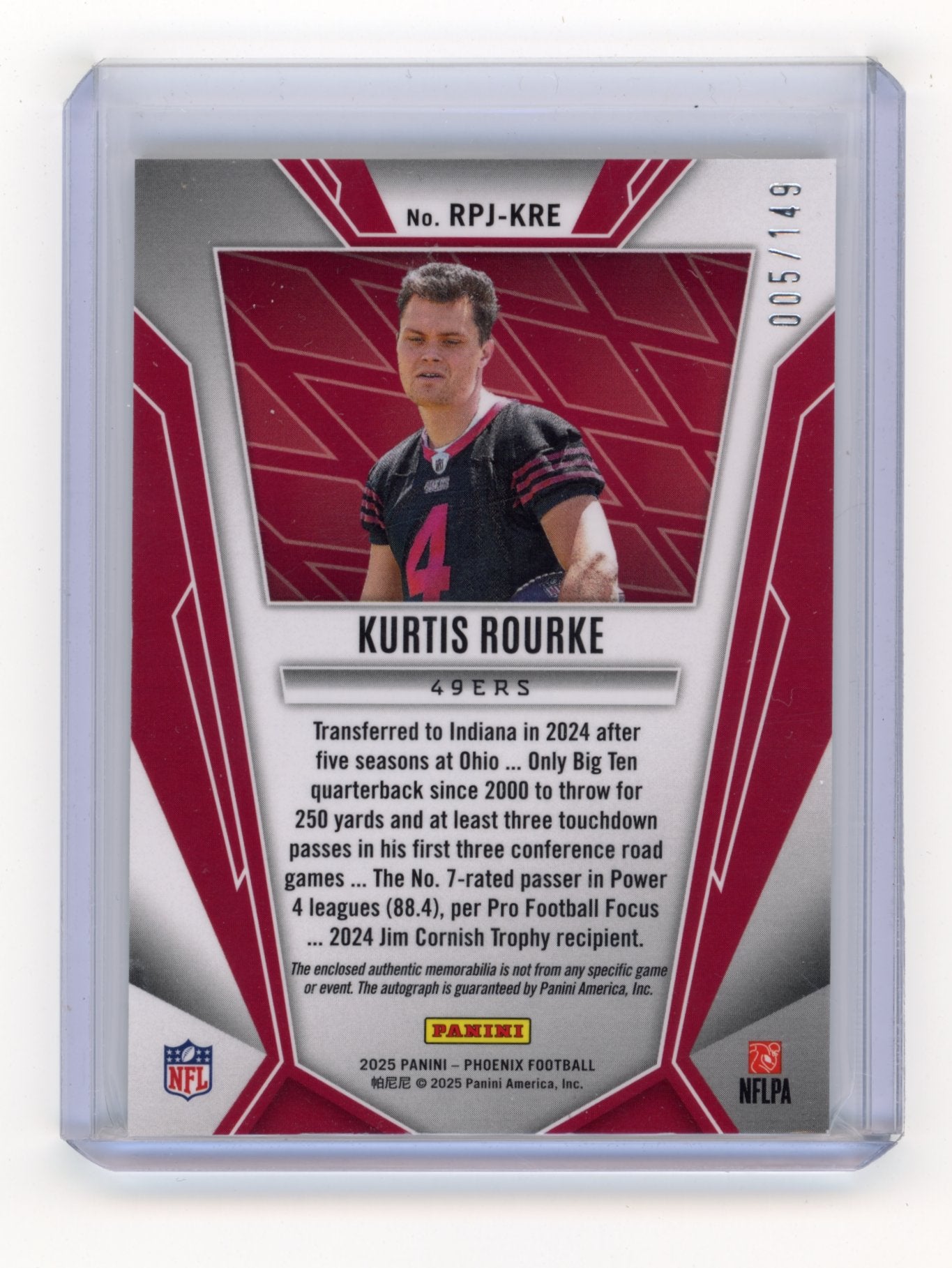 2025 Panini Phoenix Kurtis Rourke #RPJ-KRE Rookie Phenoms Jersey Autographs Silver Prizm #/149 San Francisco 49ers