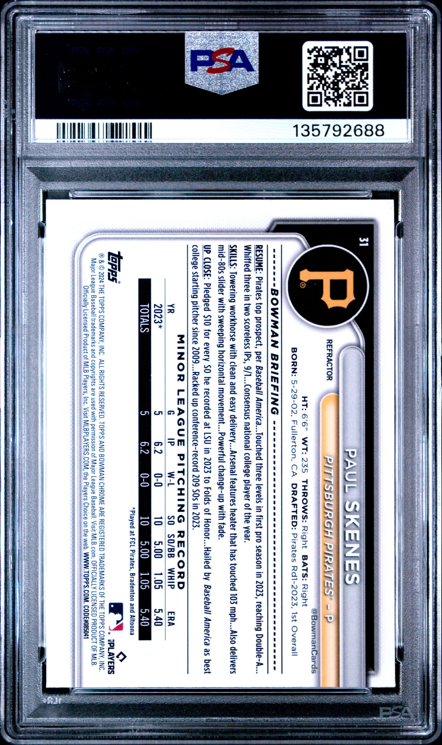 2024 Bowman Chrome Paul Skenes #31 Refractor PSA 9