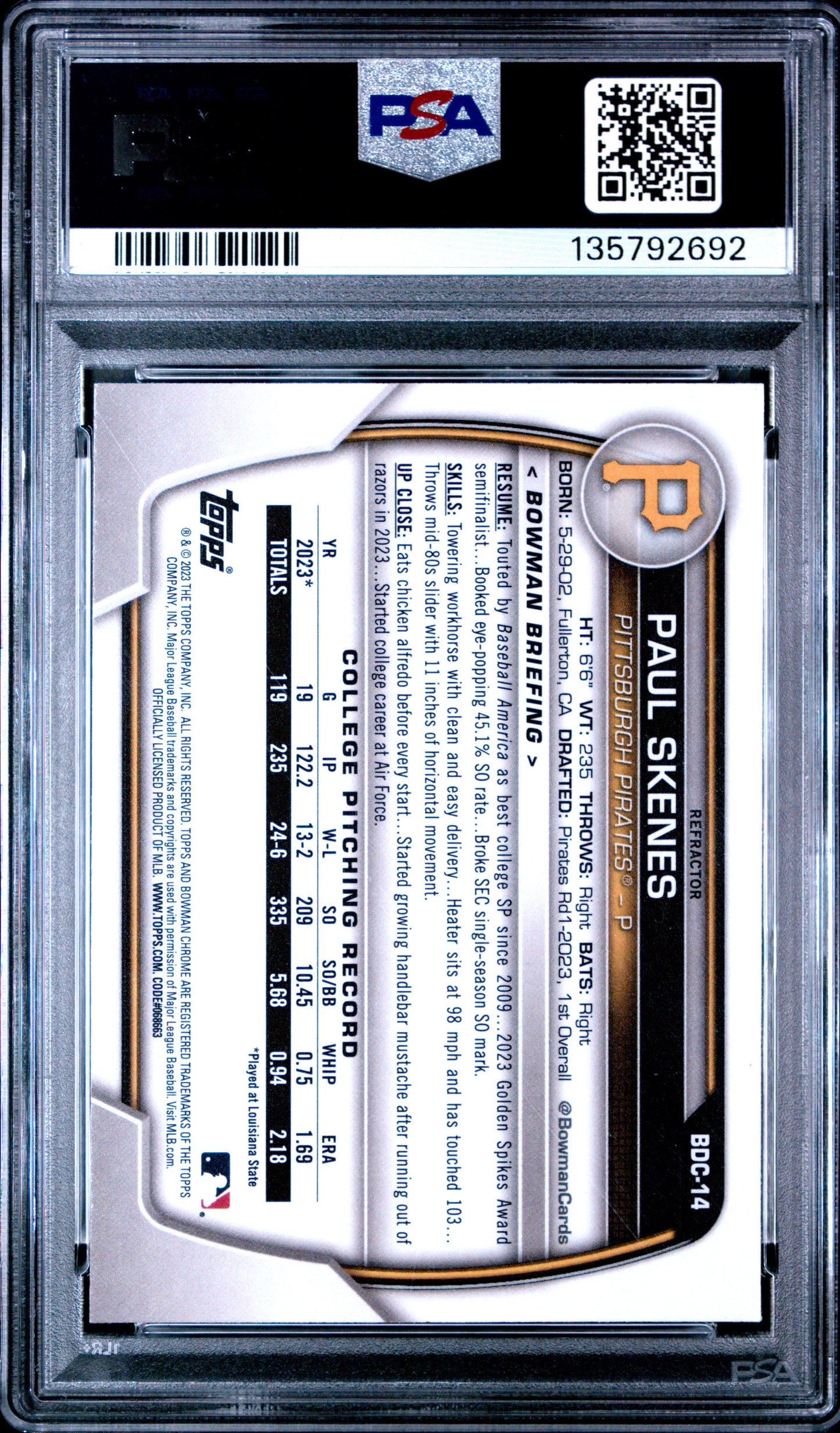 2023 Bowman Draft Paul Skenes #BDC14 Chrome PSA 9