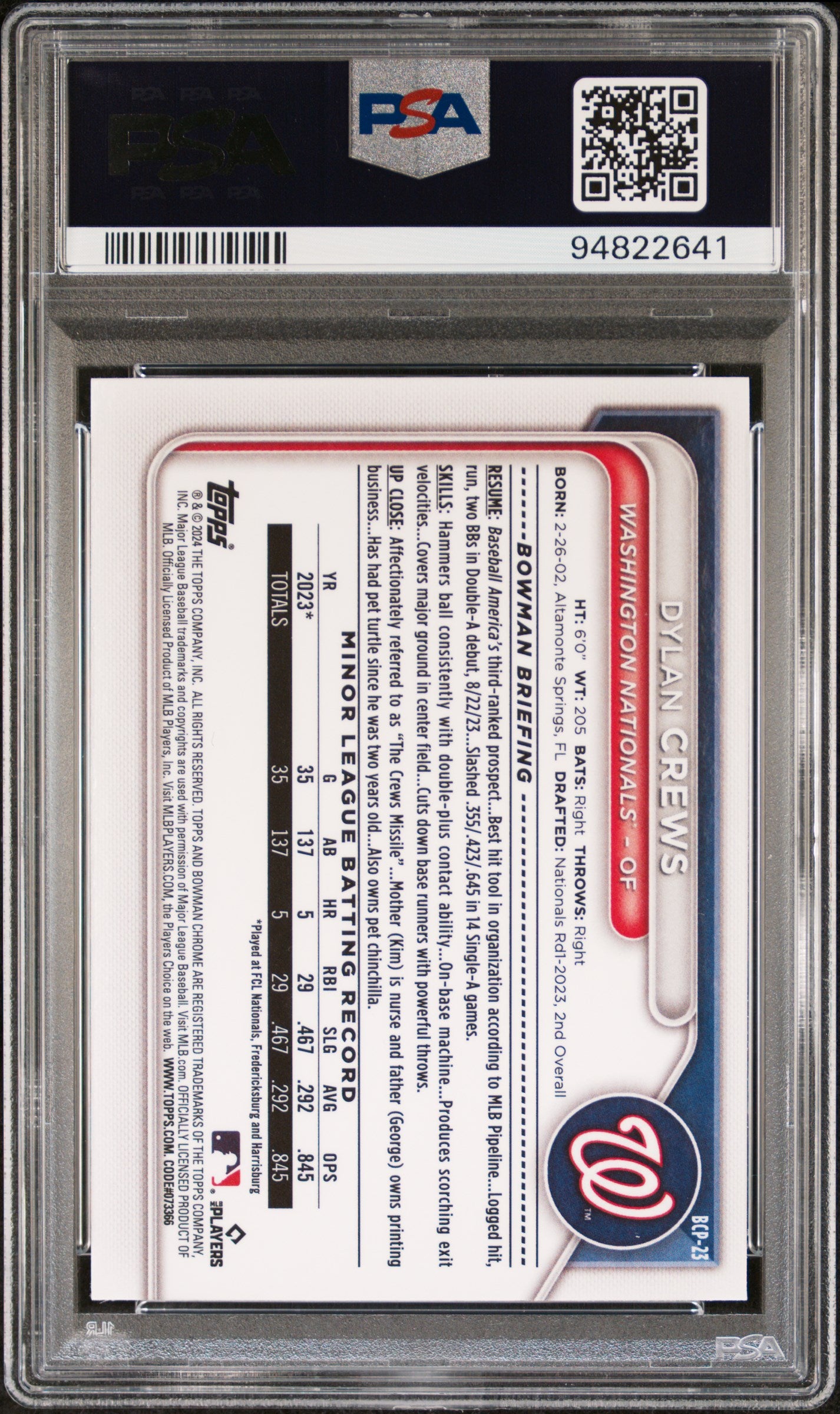 2024 Bowman Mega Box Chrome Prospects Dylan Crews #23 PSA 10