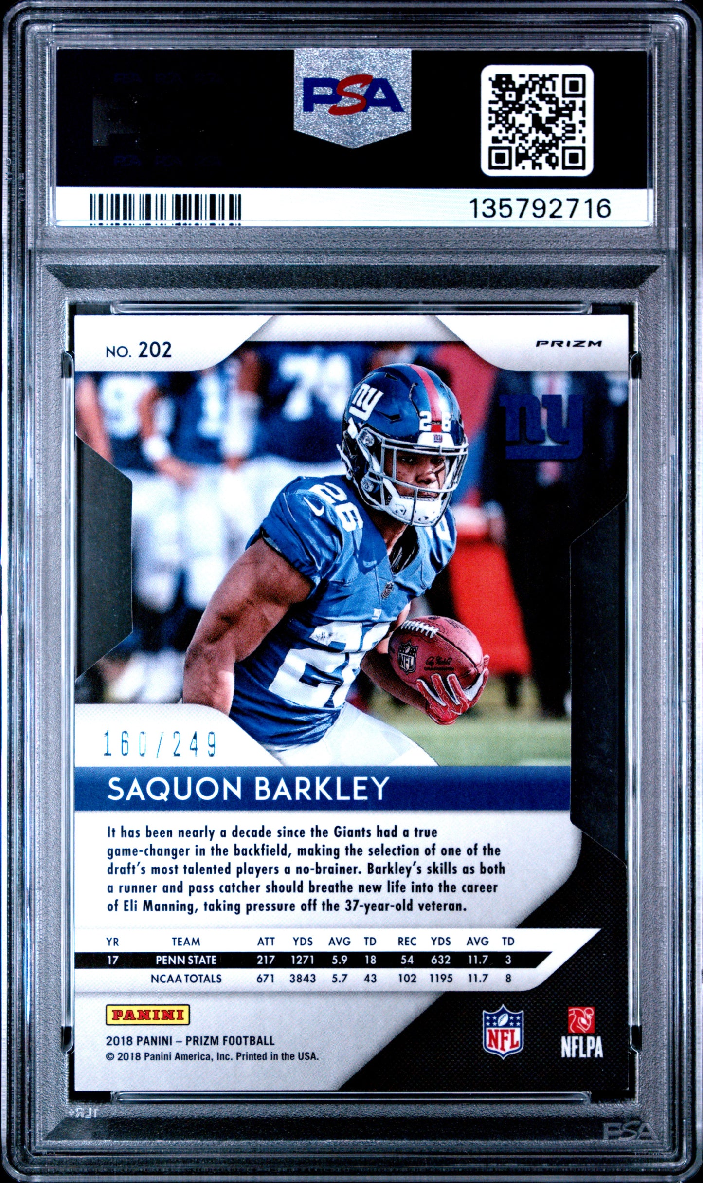 2018 Panini Prizm Saquon Barkley #202 Orange Prizm Die-Cut PSA 9