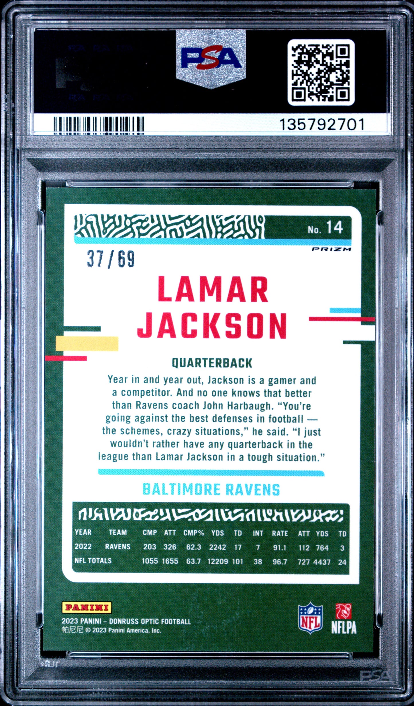 2023 Panini Donruss Optic Lamar Jackson #14 Electricity PSA 9