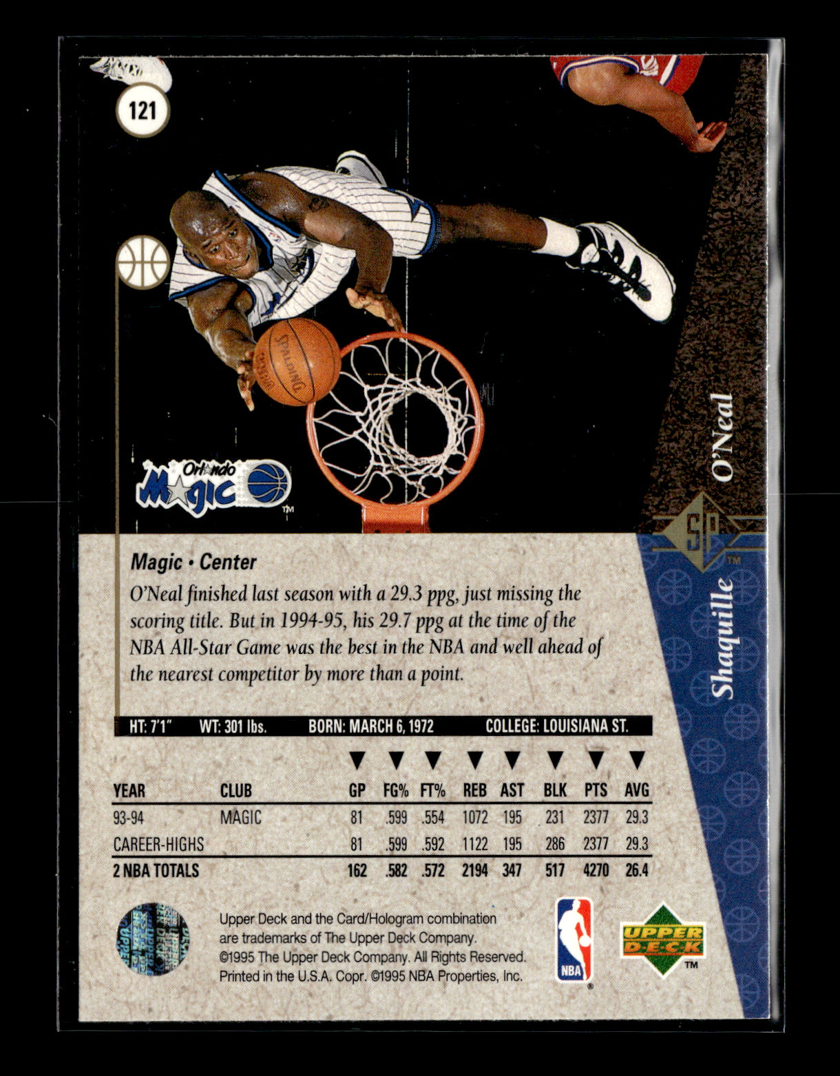 1994-95 SP Shaquille O'Neal #121 Orlando Magic