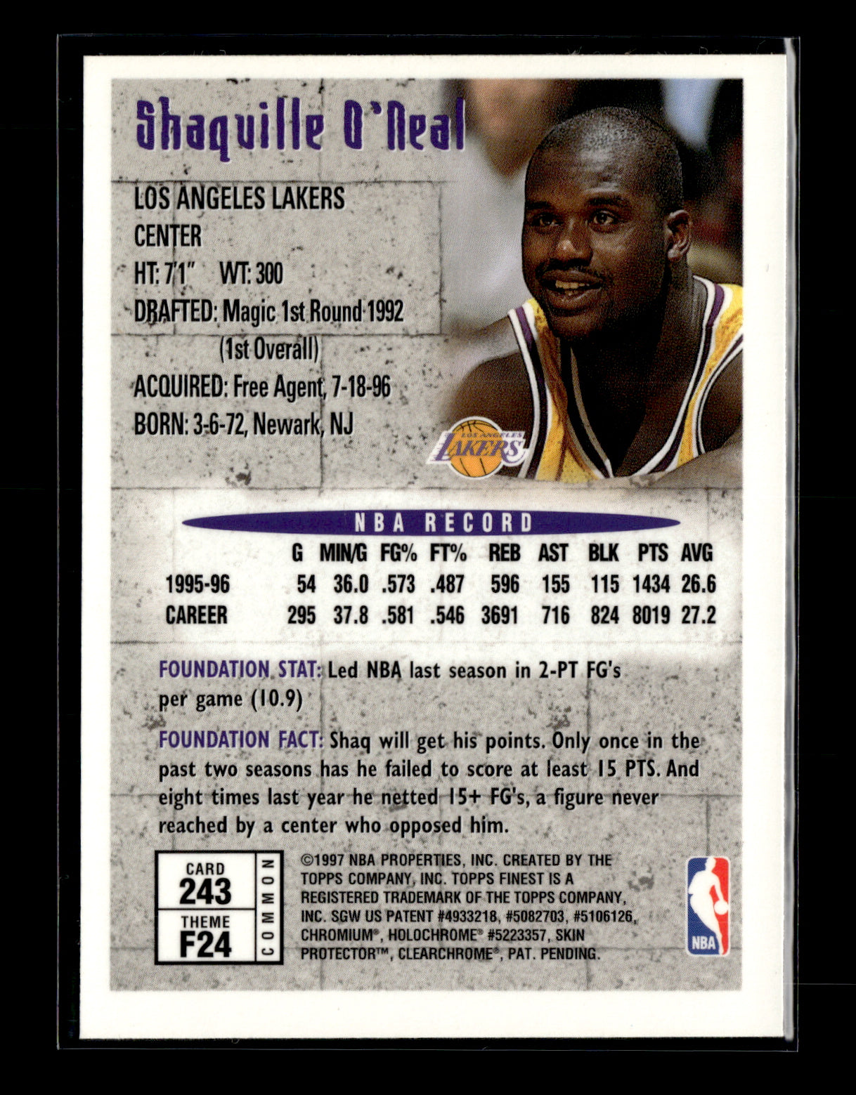 1996-97 Finest Shaquille O'Neal #243 Refractors Los Angeles Lakers