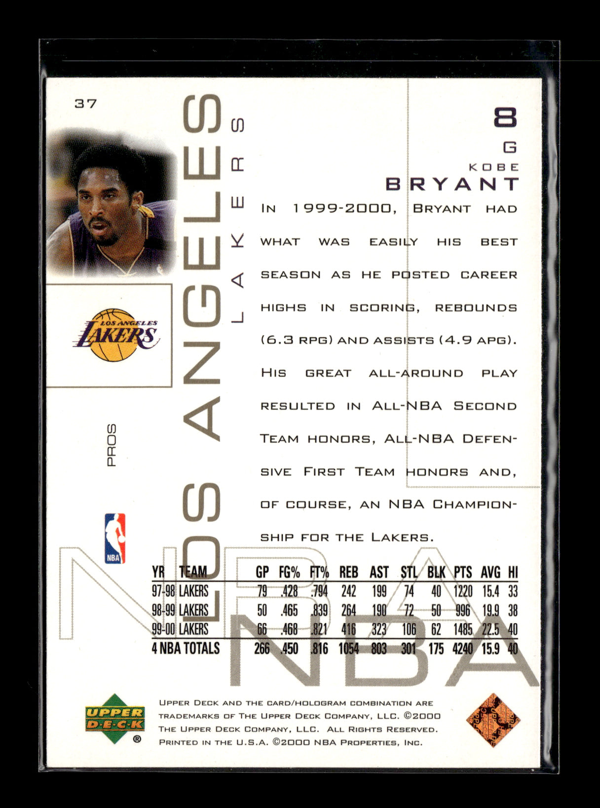 2000-01 Upper Deck Pros & Prospects Kobe Bryant #37 Los Angeles Lakers