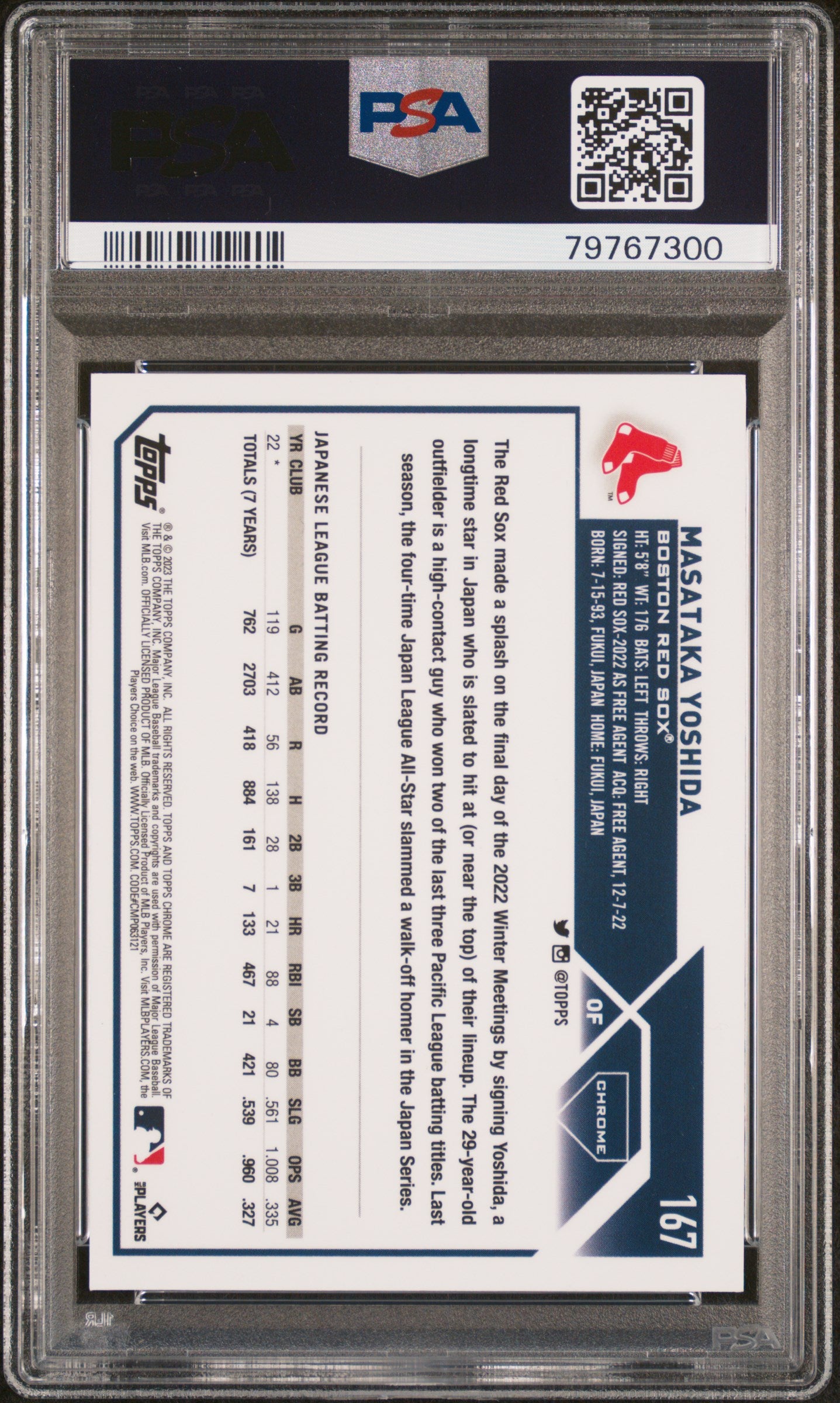 2023 Topps Chrome Masataka Yoshida #167 Green Wave Refractor PSA 9 Boston Red Sox
