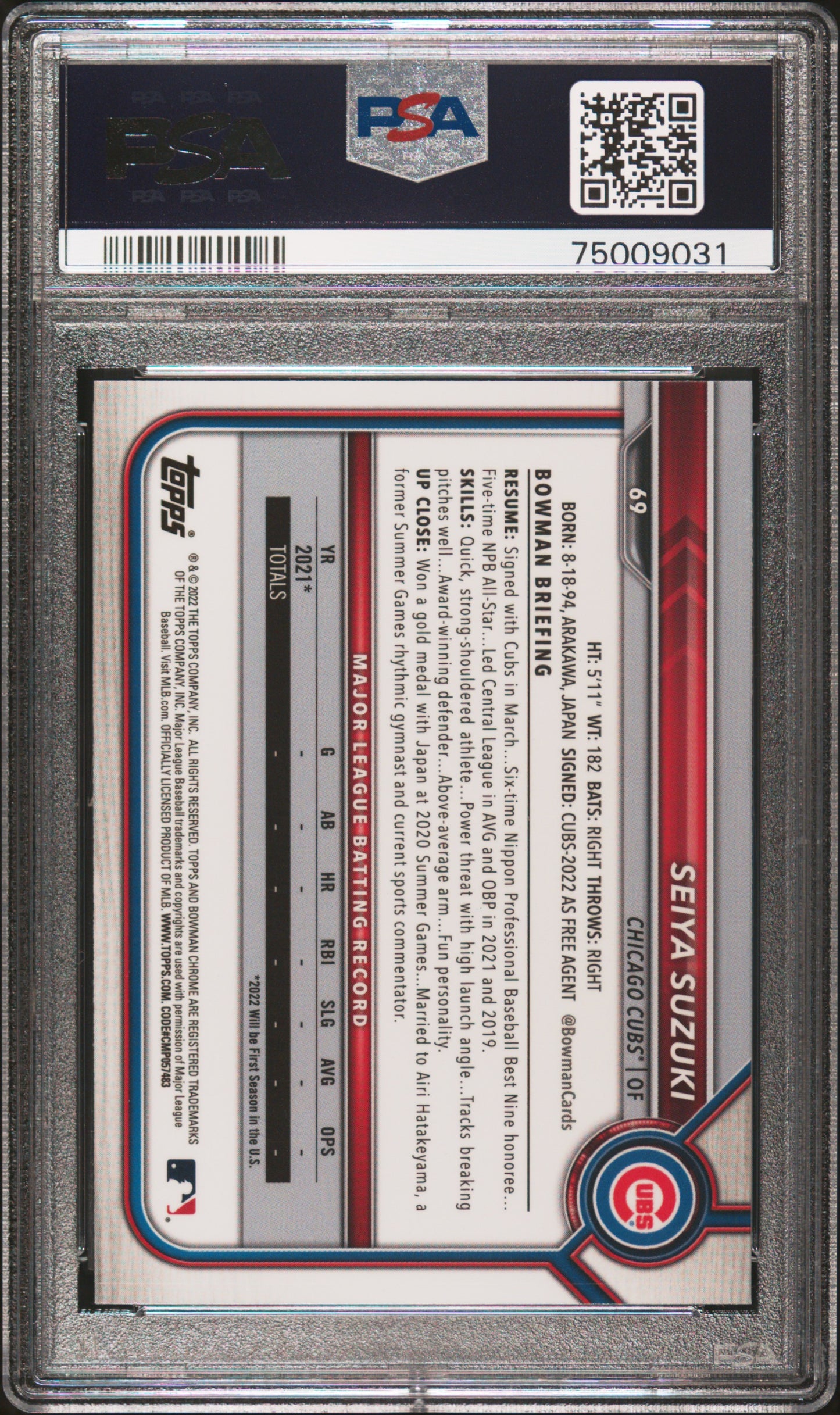 2022 Bowman Chrome Sapphire Edition Seiya Suzuki #69 PSA 10 Chicago Cubs