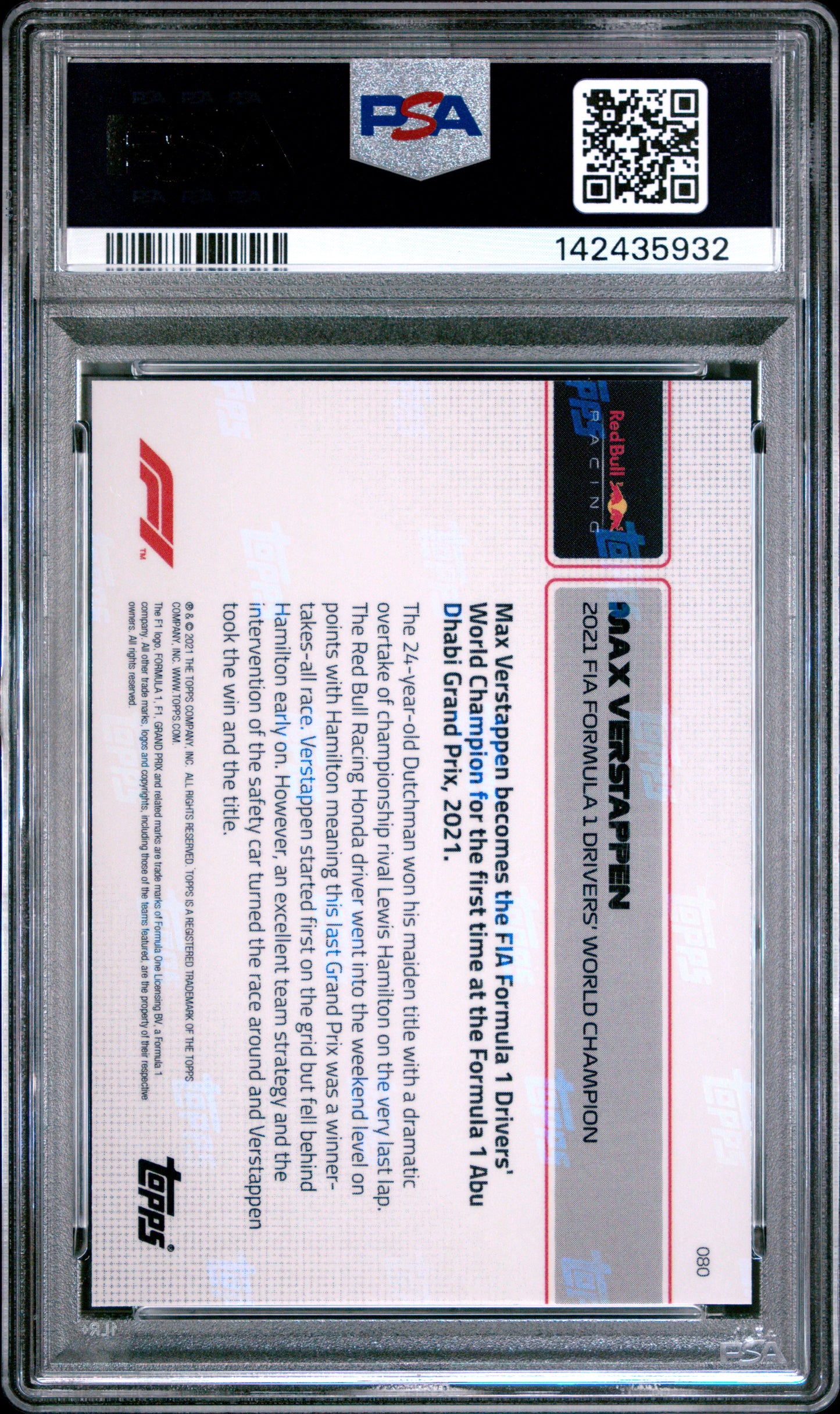 2021 Topps Now Formula 1 Max Verstappen #80 Formula 1 PSA 9 Redbull Racing