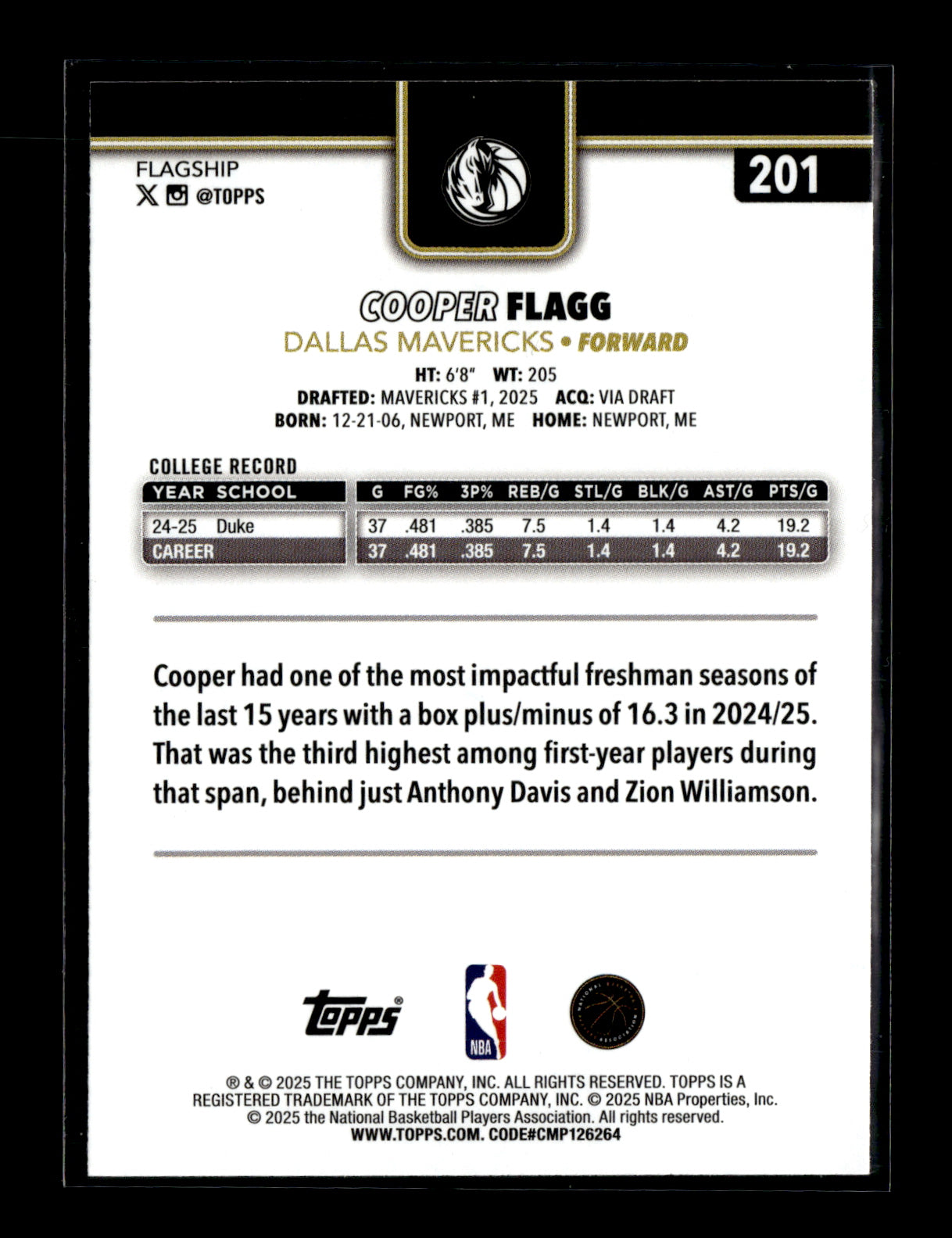 2025-26 Topps Cooper Flagg #201 Blackout Dallas Mavericks