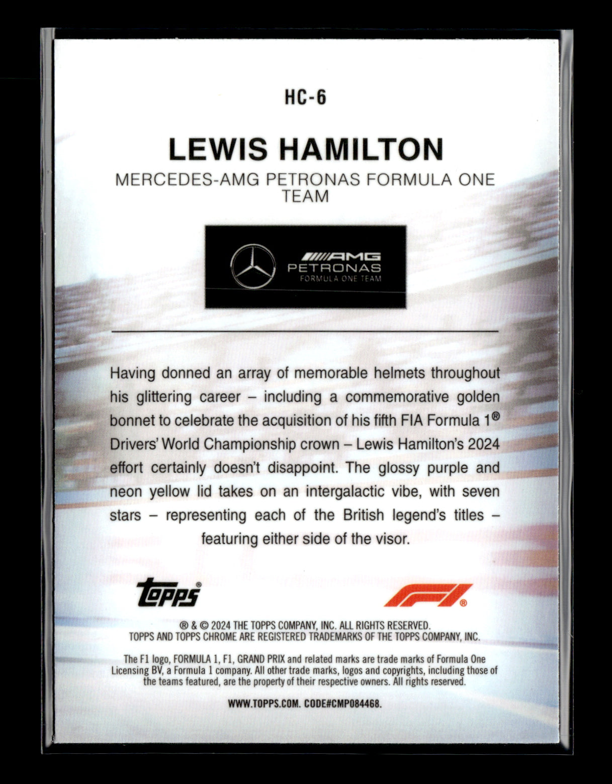 2024 Topps Chrome Formula 1 Lewis Hamilton #HC-6 Helmet Collection Mercedes-AMG Petronas Formula One Team