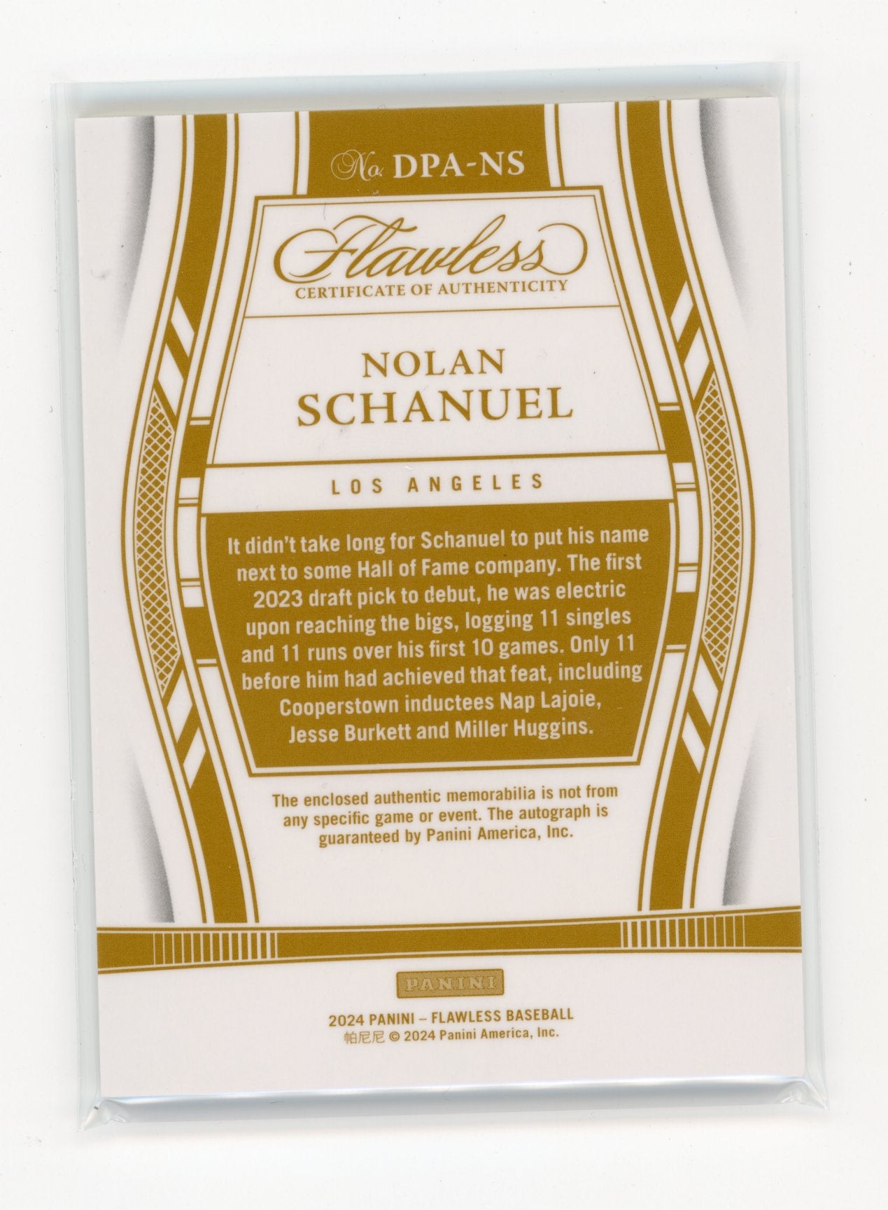 2024 Panini Flawless Nolan Schanuel #DPA-NS Draft Patch Autograph Gold #/10 Los Angeles Angels