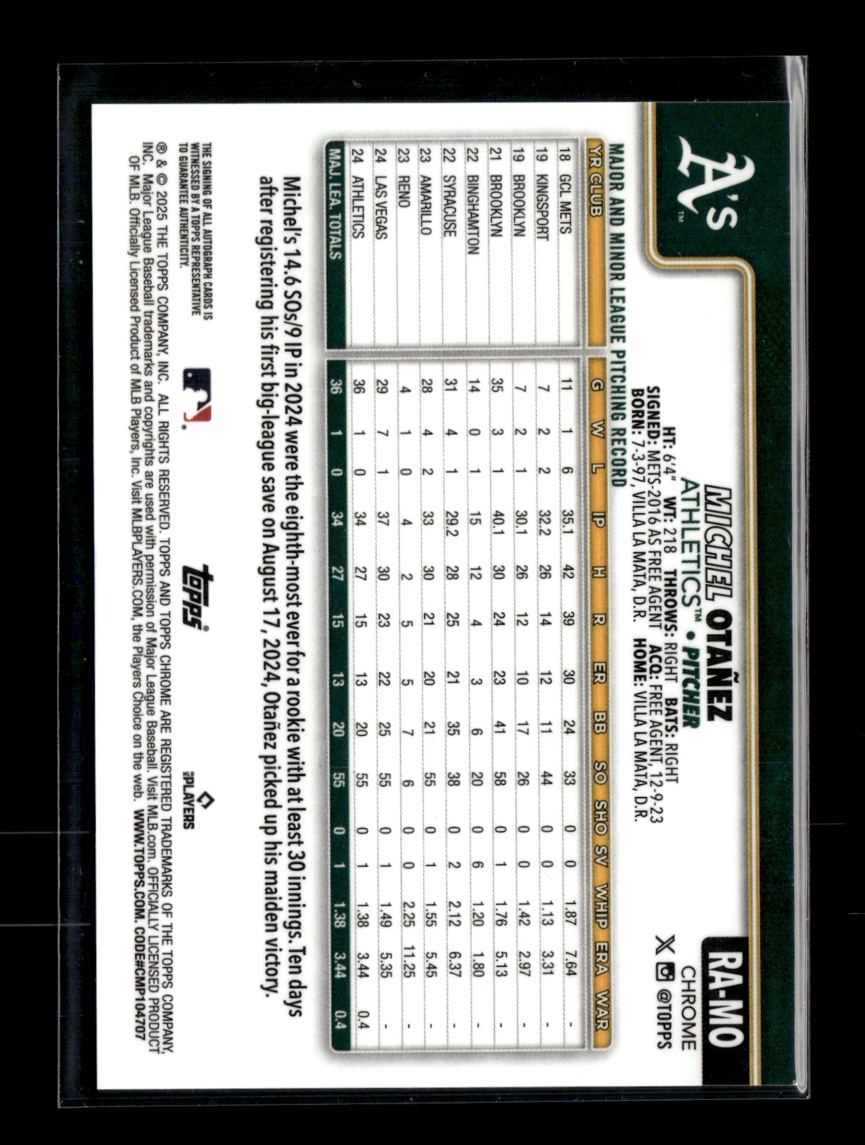 2025 Topps Chrome Michel Otanez #RA-MO Rookie Autographs Blue Refractors #/150 Athletics