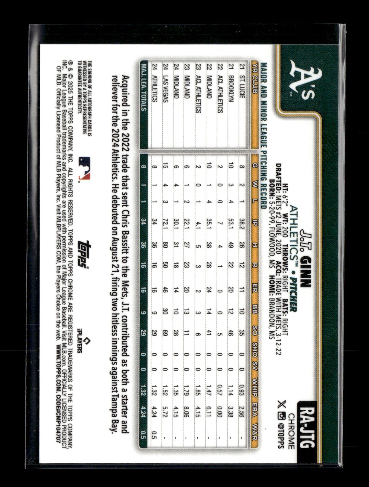 2025 Topps Chrome J.T. Ginn #RA-JTG Rookie Autographs Purple Speckle Refractors #/299 Athletics