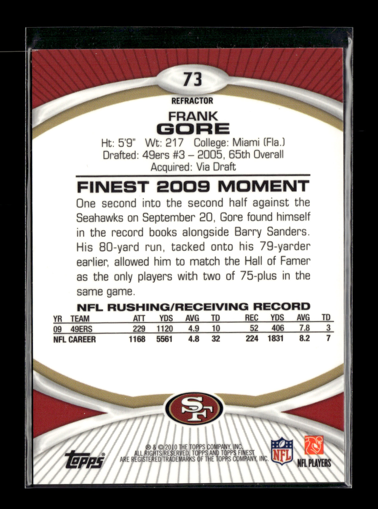2010 Finest Frank Gore #73 Gold Refractors #/50 San Francisco 49ers