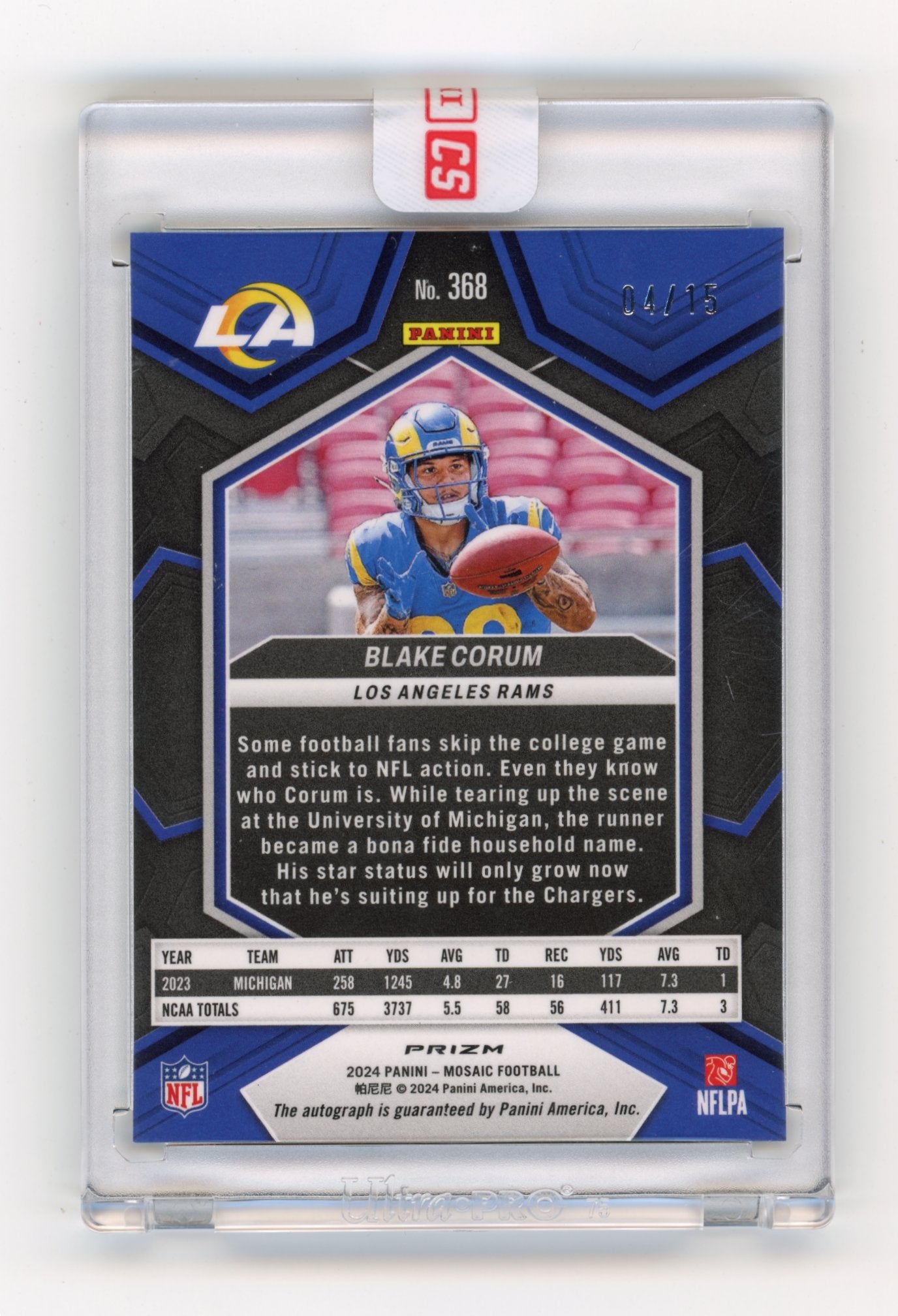 2024 Panini Mosaic Blake Corum #368 Rookie Autographs Mosaic Green Swirl #/15 Los Angeles Rams