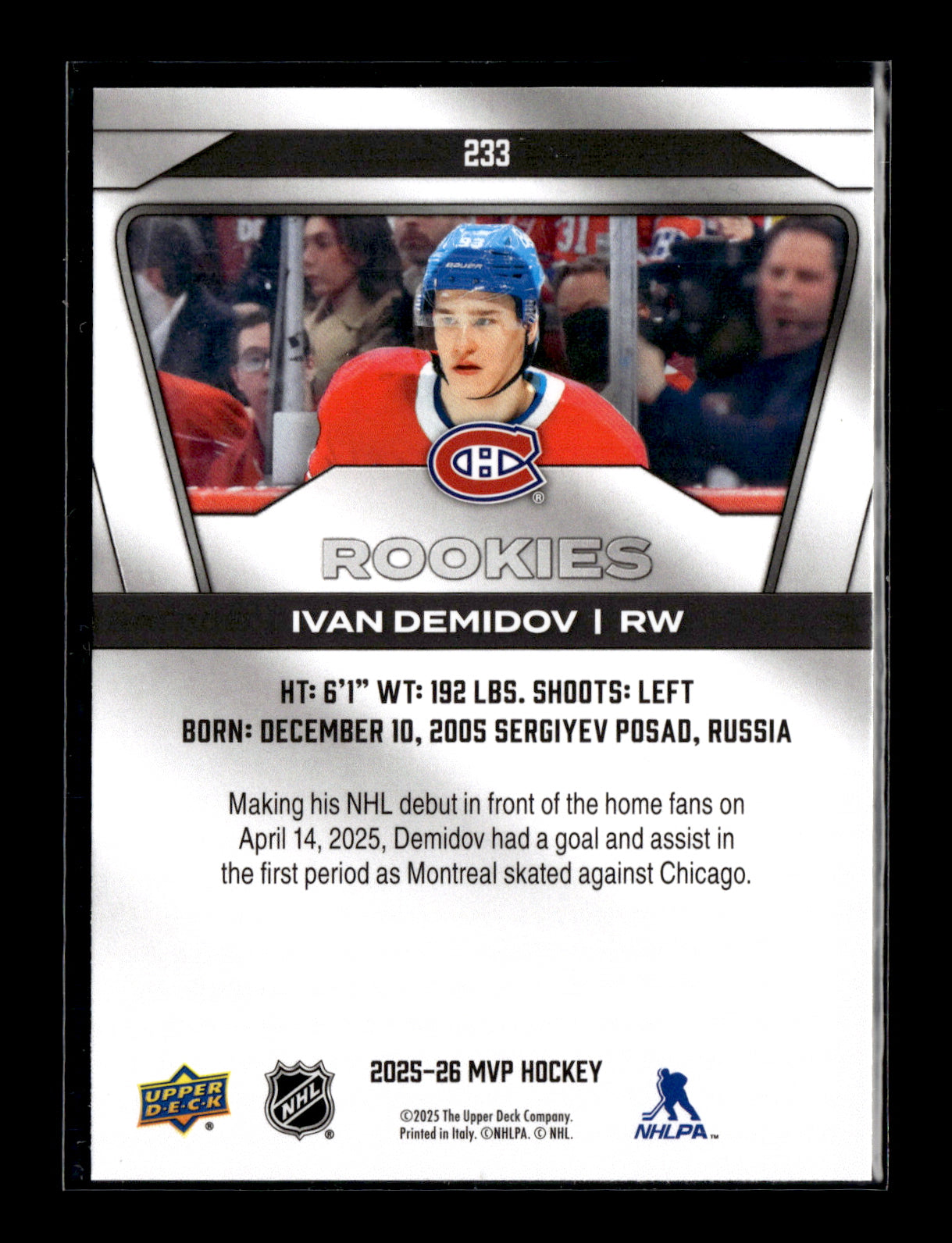 2025-26 Upper Deck MVP Ivan Demidov #233 Montreal Canadiens
