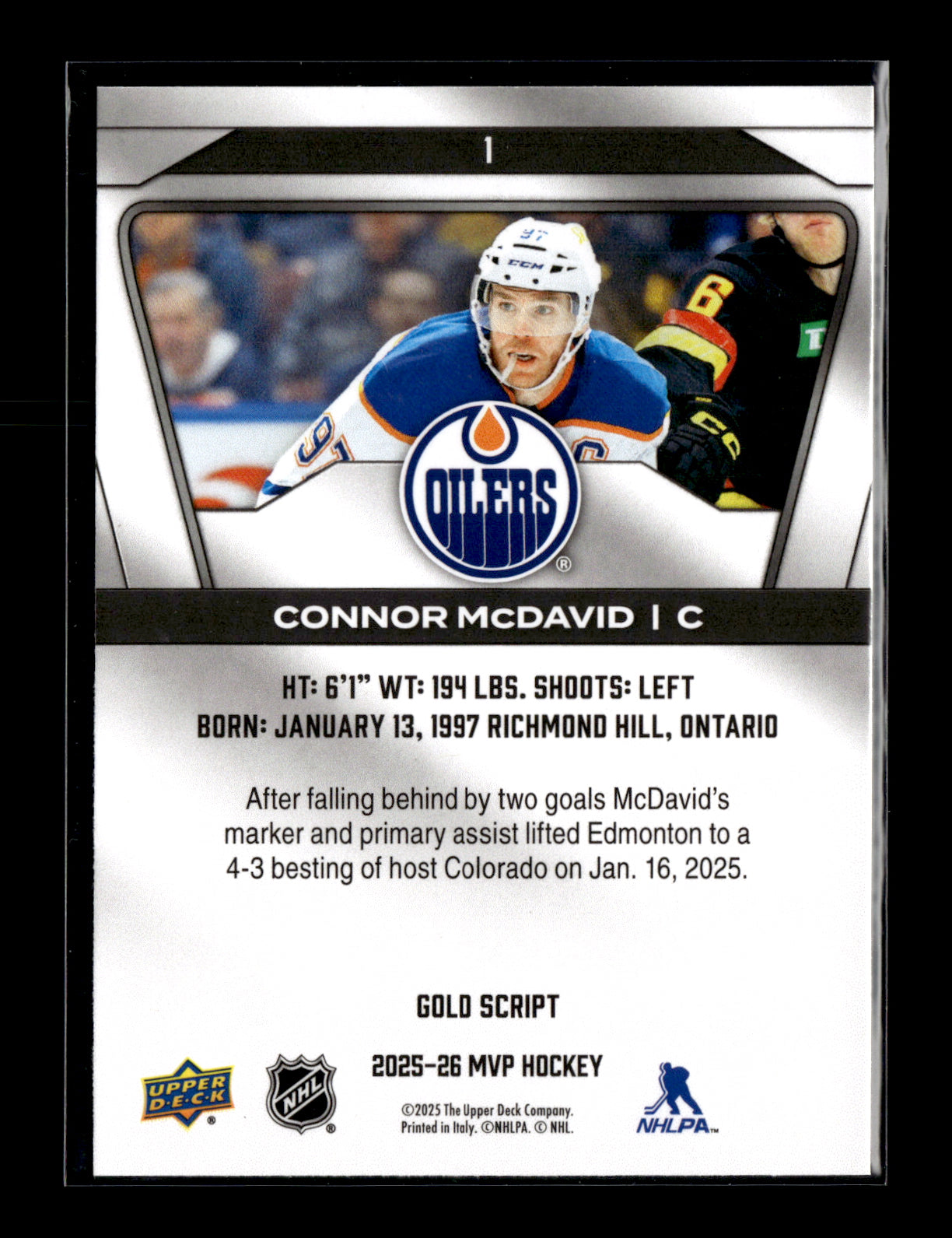 2025-26 Upper Deck MVP Connor McDavid #PR-1 Panel Singles Edmonton Oilers