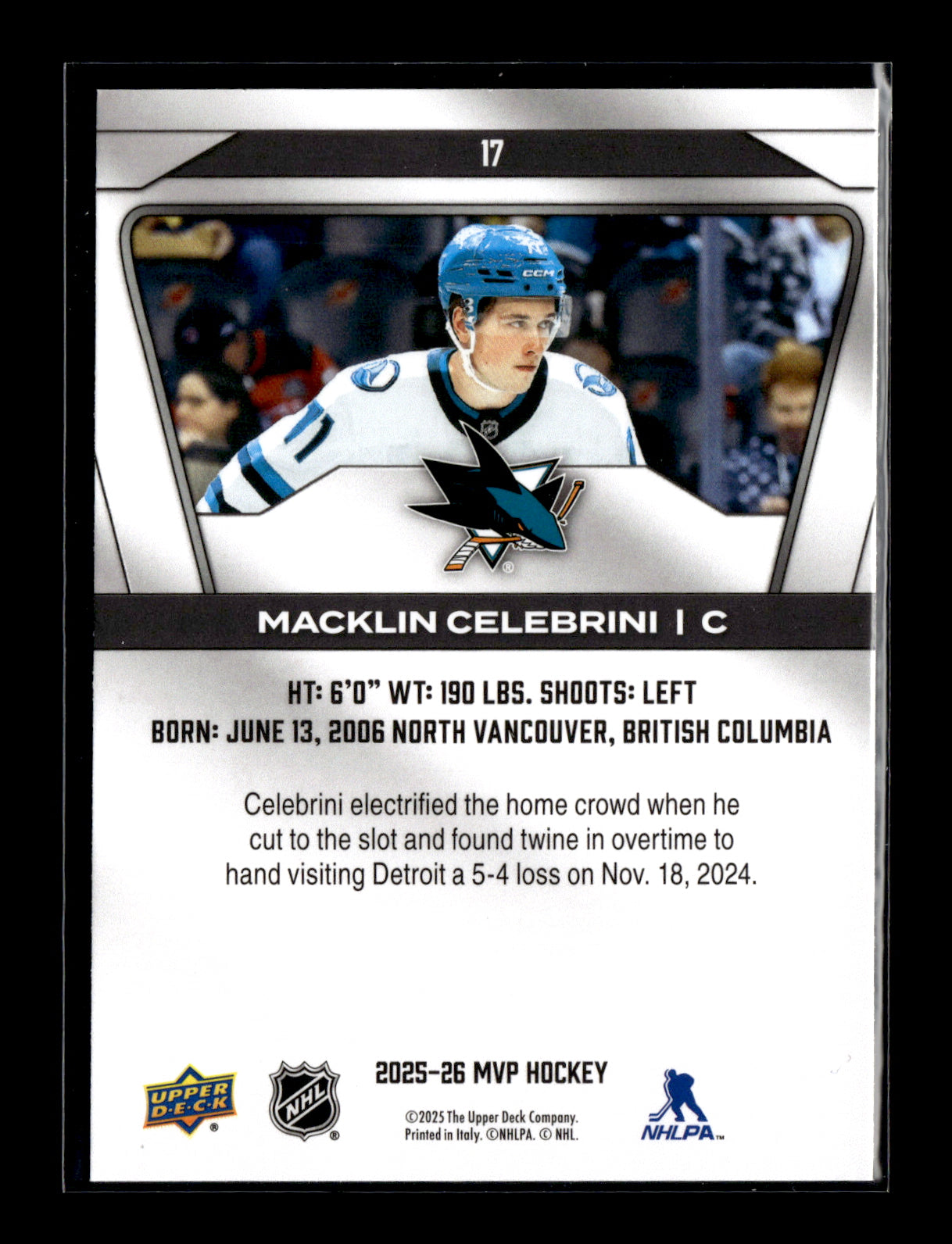 2025-26 Upper Deck MVP Macklin Celebrini #17 San Jose Sharks