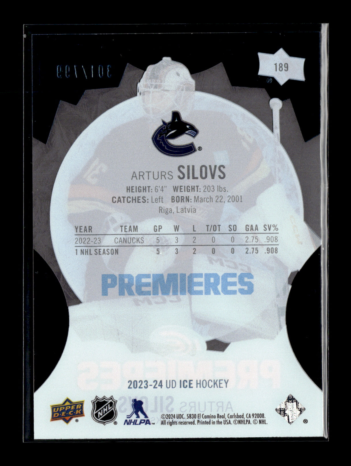 2023-24 Upper Deck Ice Arturs Silovs #189 #/799 Vancouver Canucks