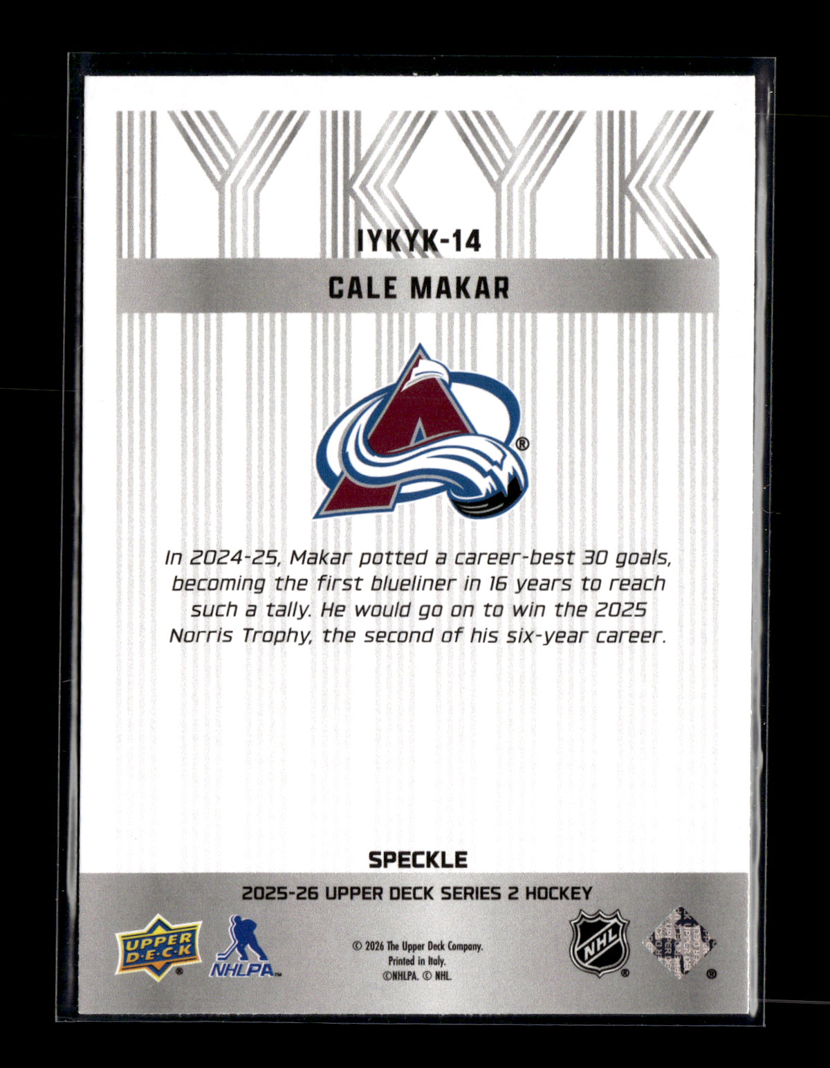 2025-26 Upper Deck Cale Makar #IYKYK-14 IYKYK Speckle Colorado Avalanche