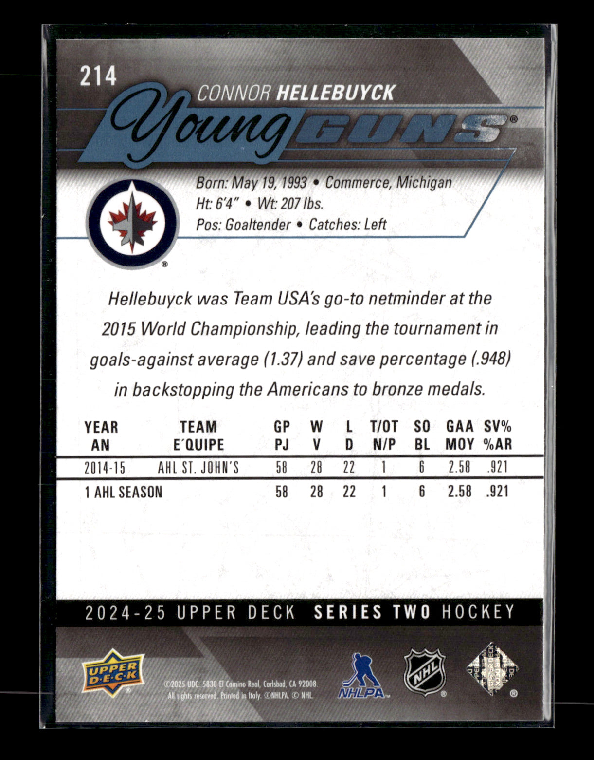 2024-25 Upper Deck Connor Hellebuyck #214 Young Guns Renewed (Series Two) Winnipeg Jets