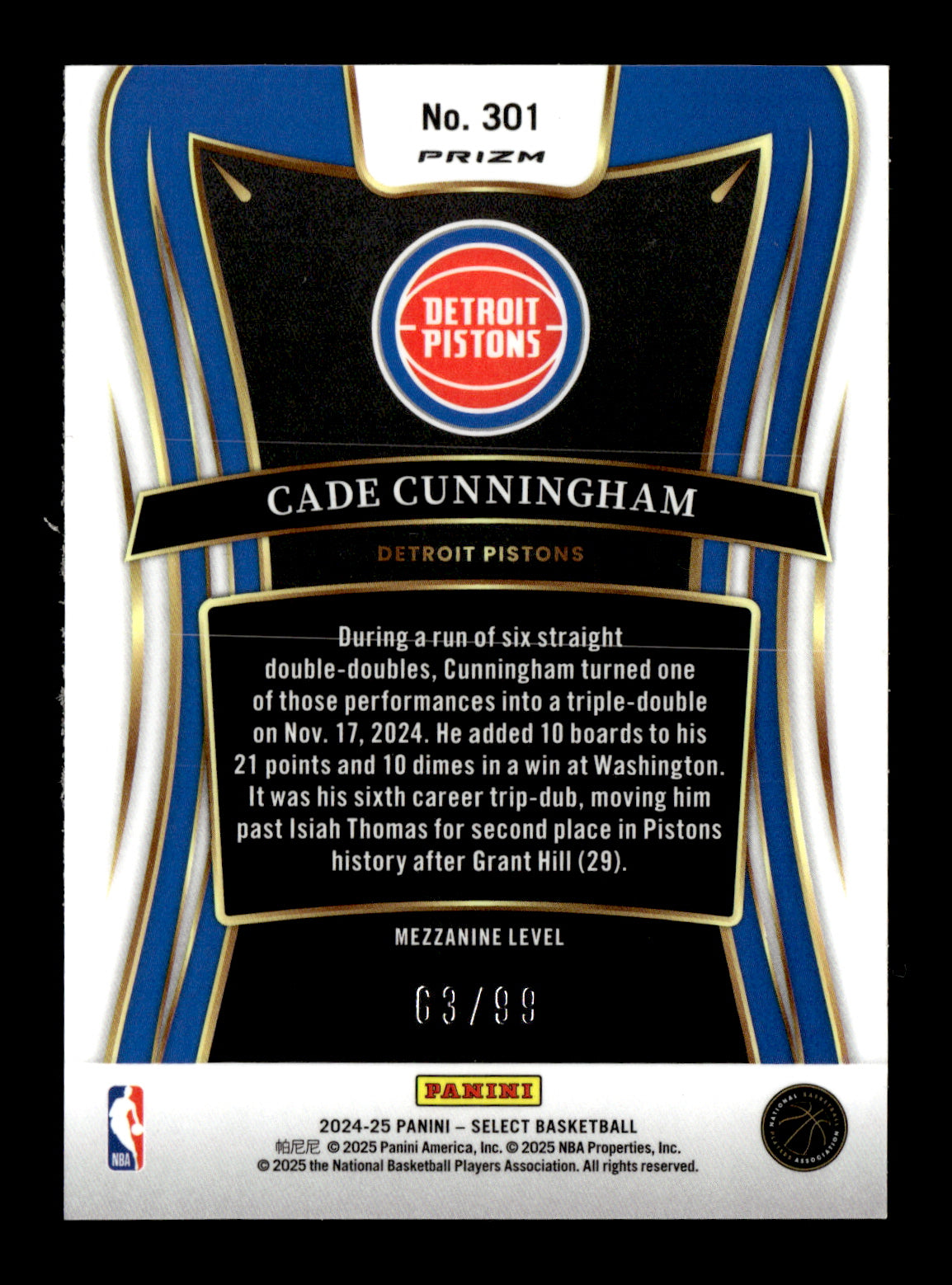 2024-25 Panini Select Cade Cunningham #301 Purple Cracked Ice Prizm #/99 Detroit Pistons