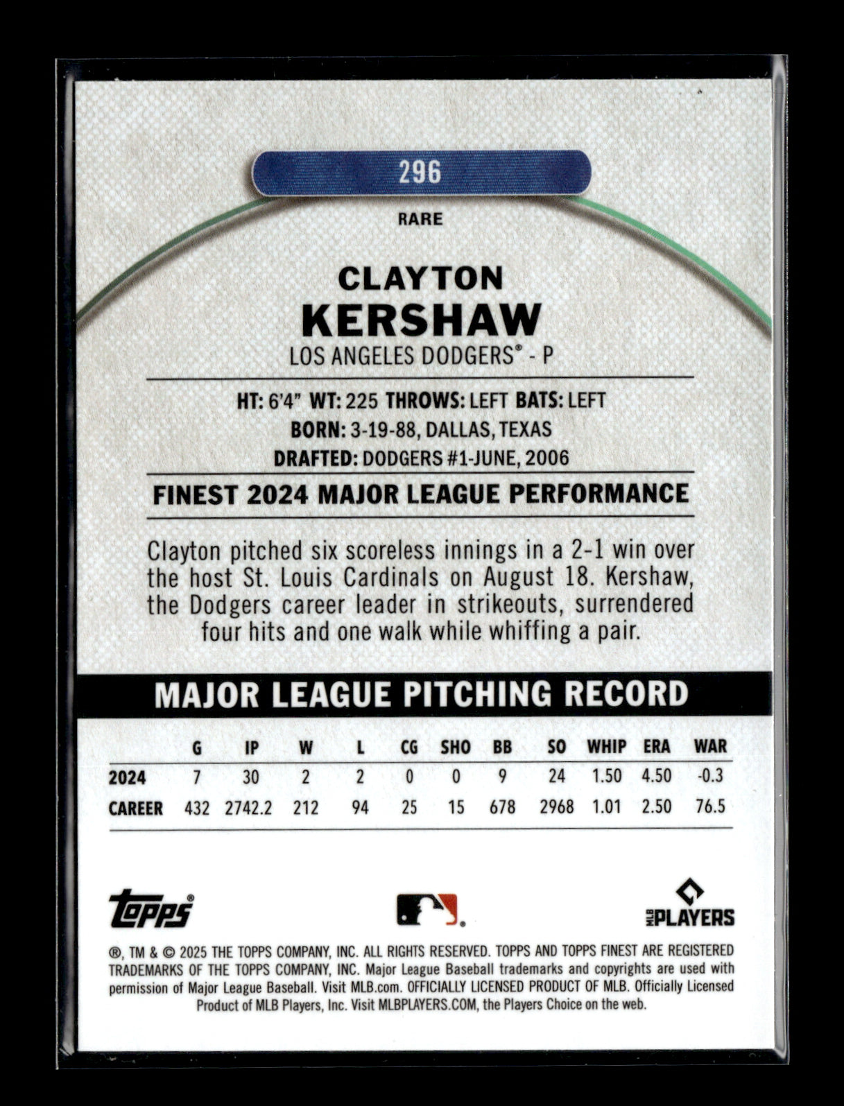 2025 Finest Clayton Kershaw #296 Los Angeles Dodgers