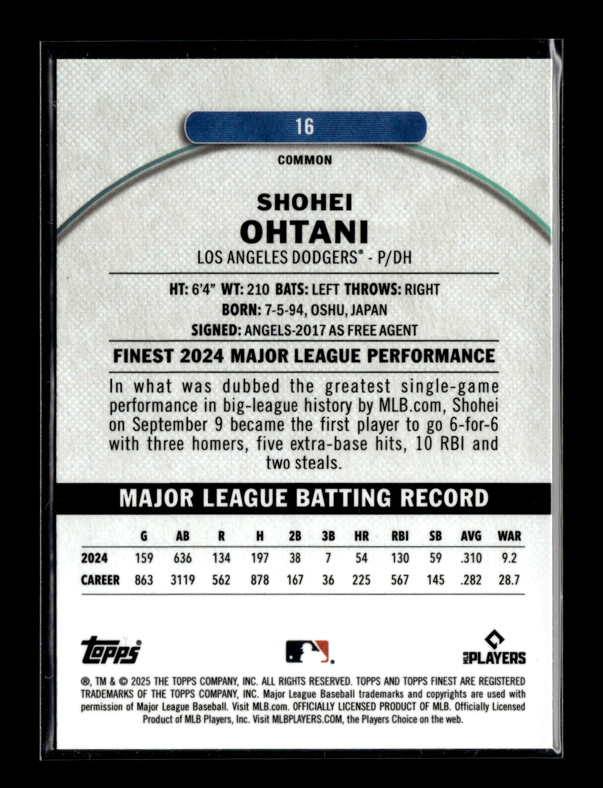 2025 Finest Shohei Ohtani #16 Los Angeles Dodgers