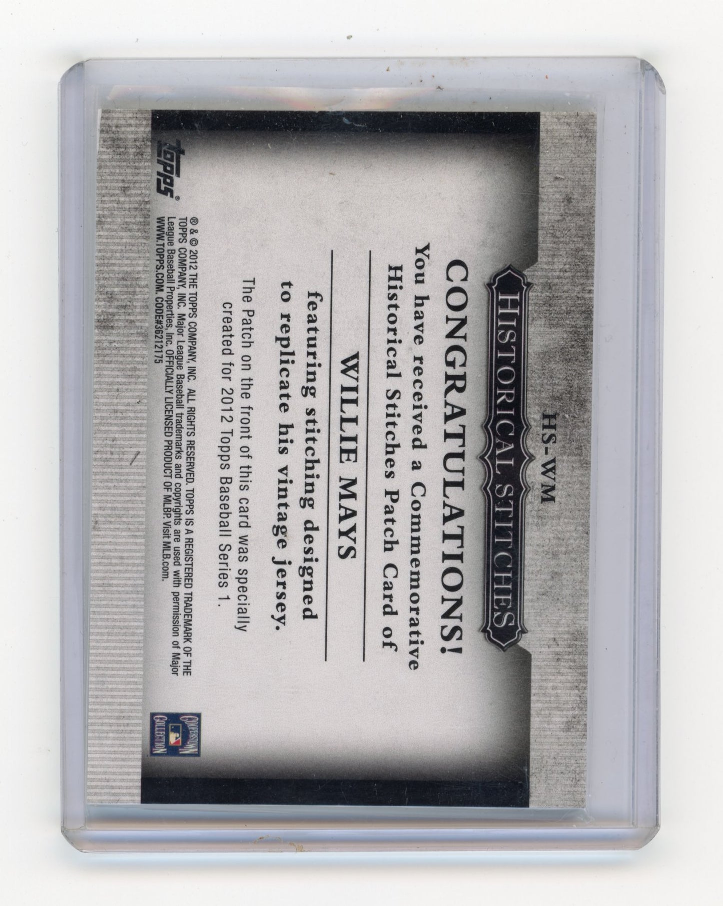 2012 Topps Willie Mays #HS-WM Historical Stitches New York Giants