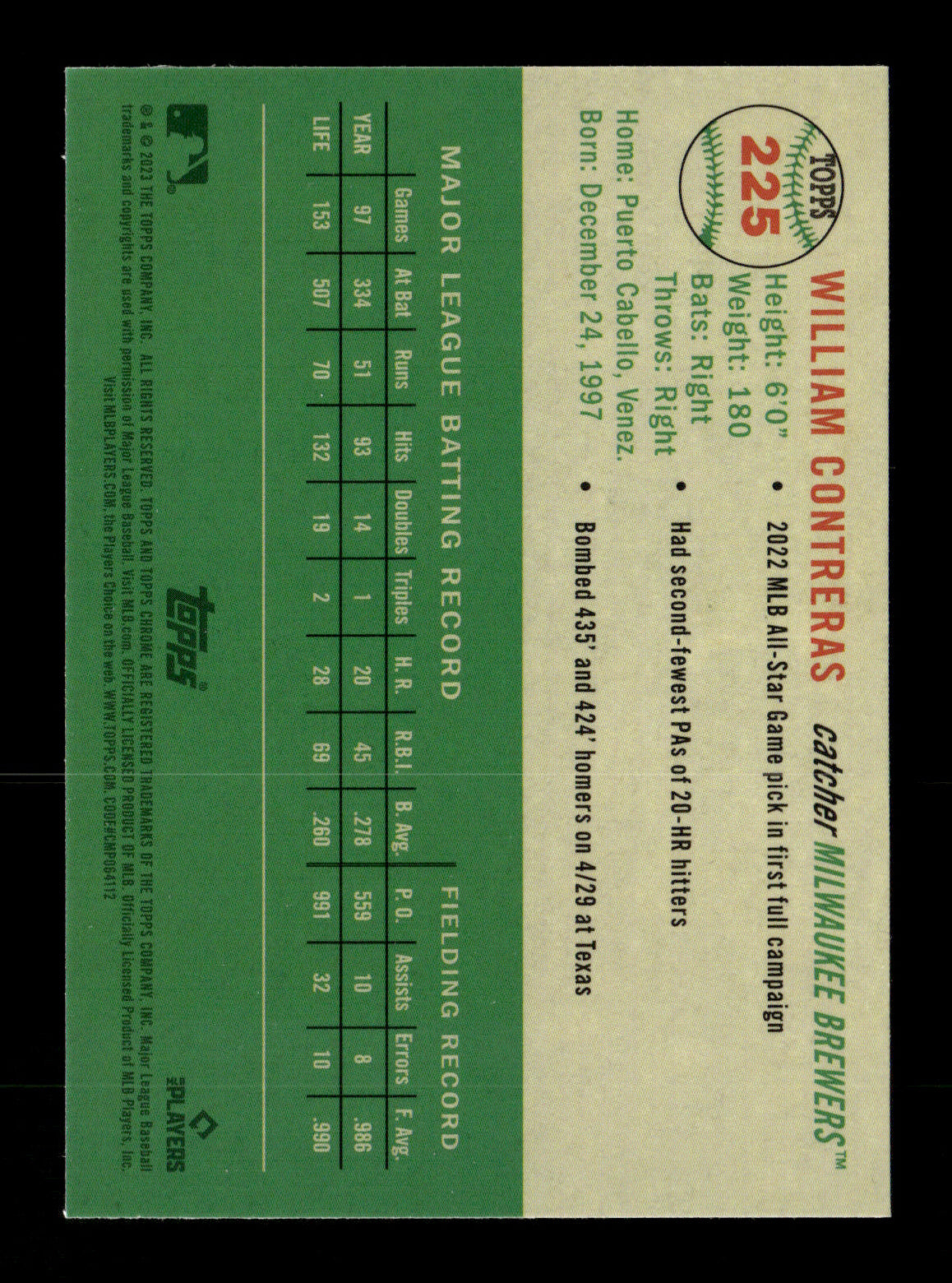 2023 Topps Chrome Platinum Anniversary William Contreras #225 Milwaukee Brewers