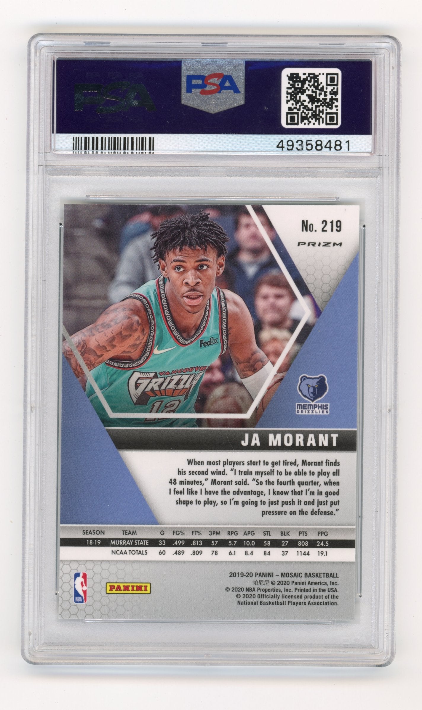 2019 Panini Mosaic Ja Morant #219 Green Mosaic PSA 10 Memphis Grizzlies