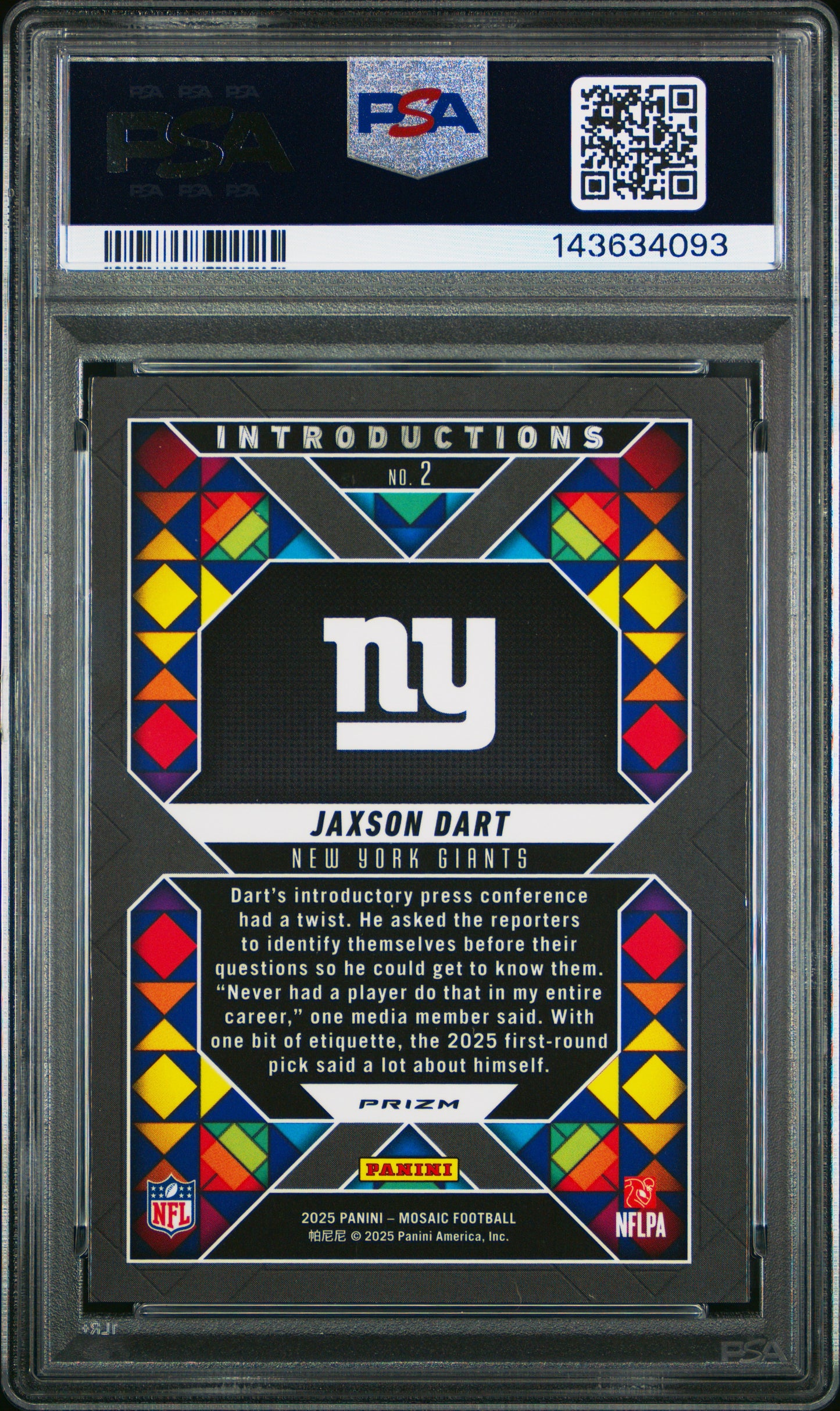 2025 Panini Mosaic Introductions Jaxson Dart #2 Introductions-Silver PSA 9 New York Giants