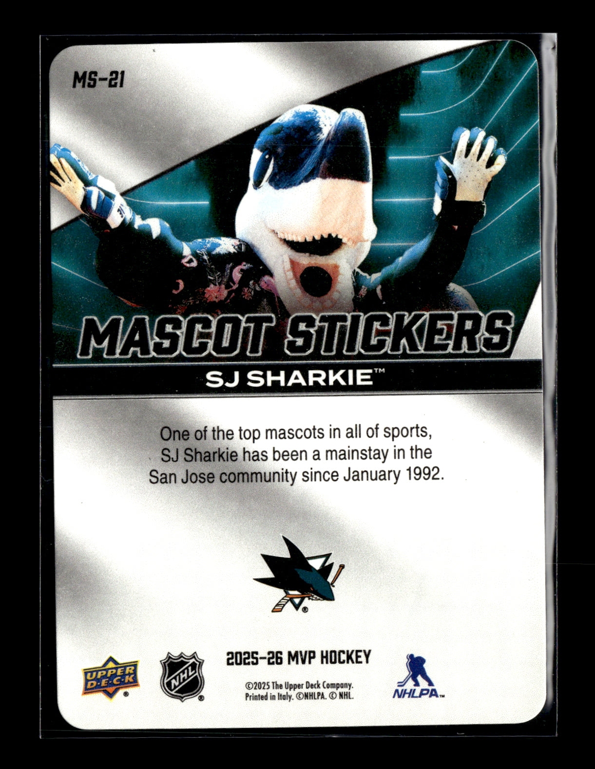 2025-26 Upper Deck MVP S.J. Sharkie #MS-21 Mascot Stickers San Jose Sharks