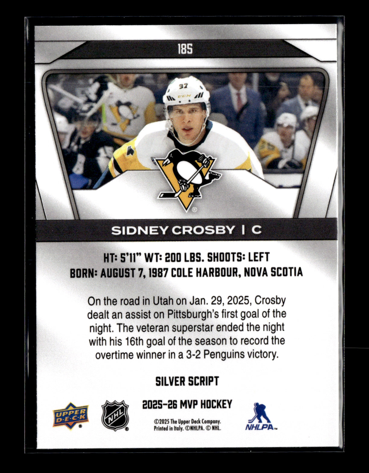 2025-26 Upper Deck MVP Sidney Crosby #185 Silver Script Pittsburgh Penguins