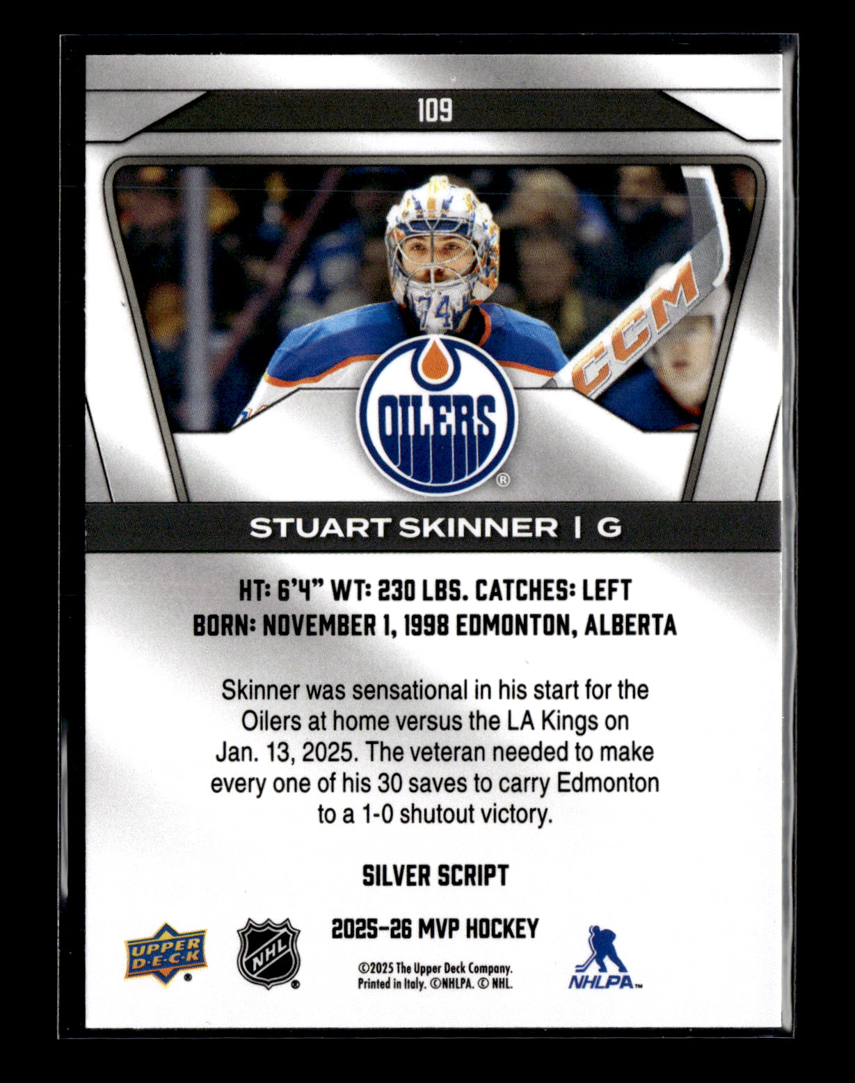2025-26 Upper Deck MVP Stuart Skinner #109 Silver Script Edmonton Oilers