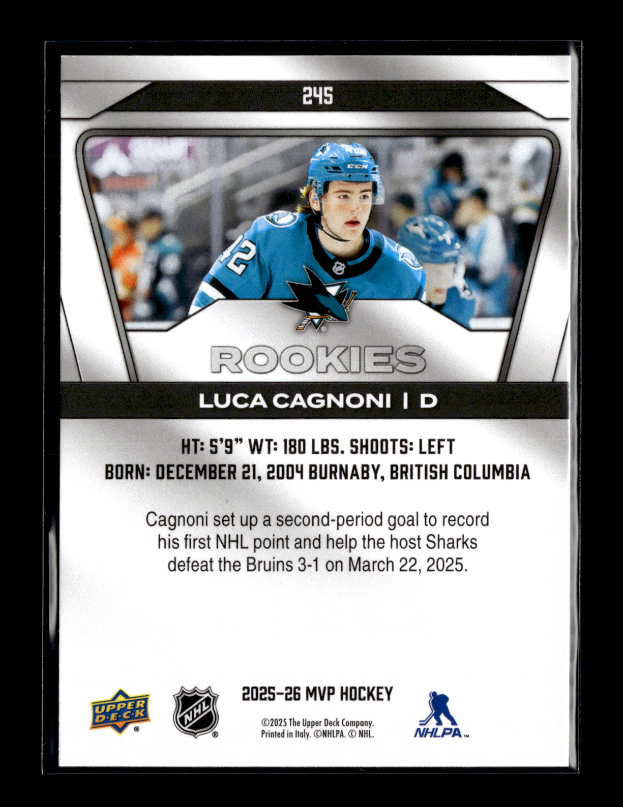 2025-26 Upper Deck MVP Luca Cagnoni #245 San Jose Sharks