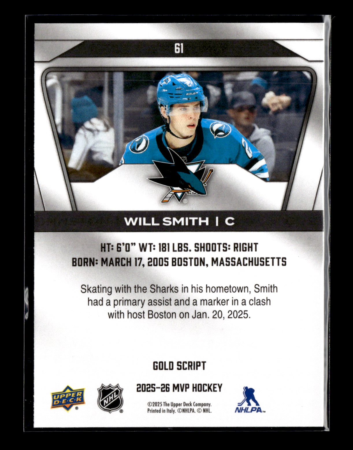 2025-26 Upper Deck MVP Will Smith #61 Gold Script San Jose Sharks