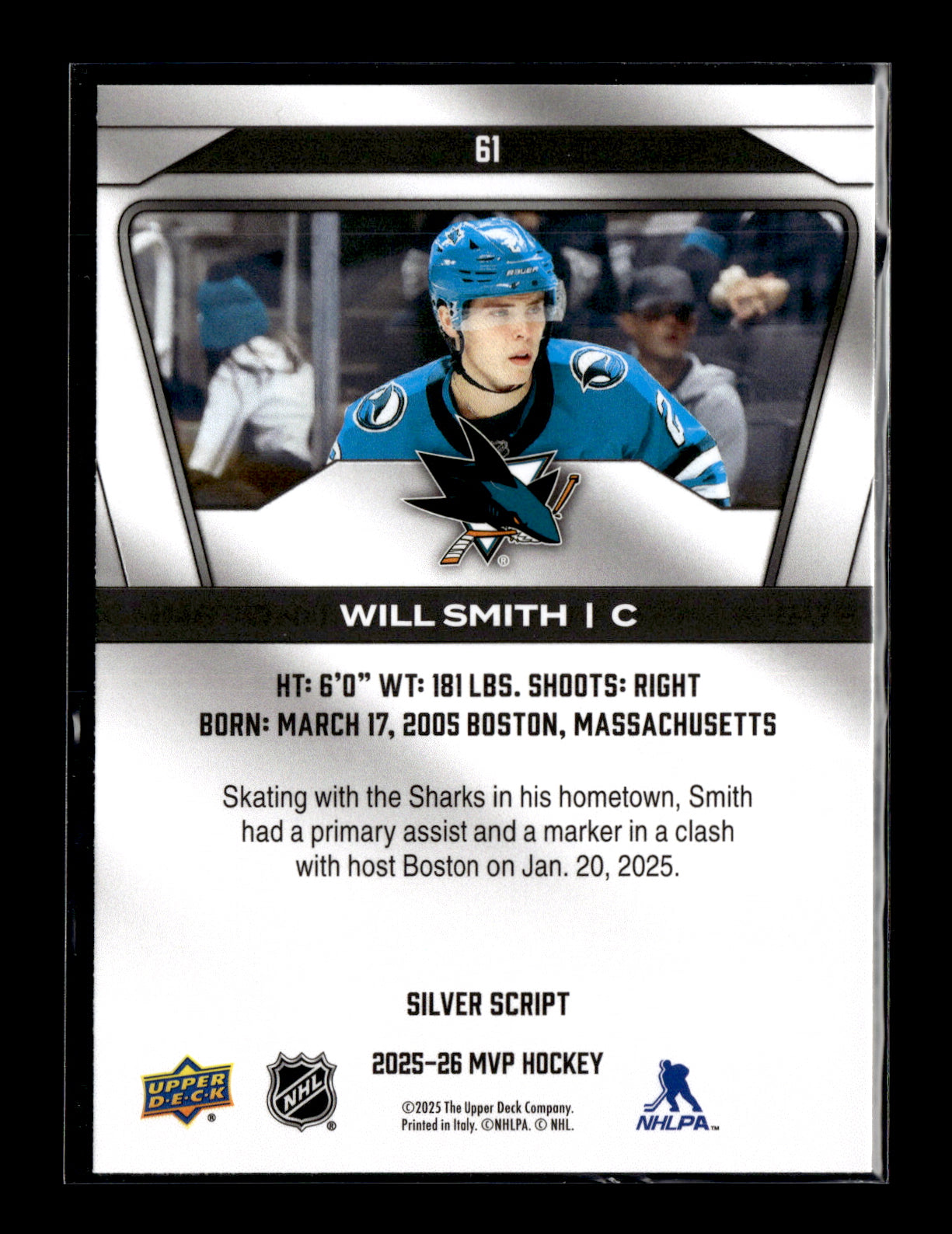 2025-26 Upper Deck MVP Will Smith #61 Silver Script San Jose Sharks
