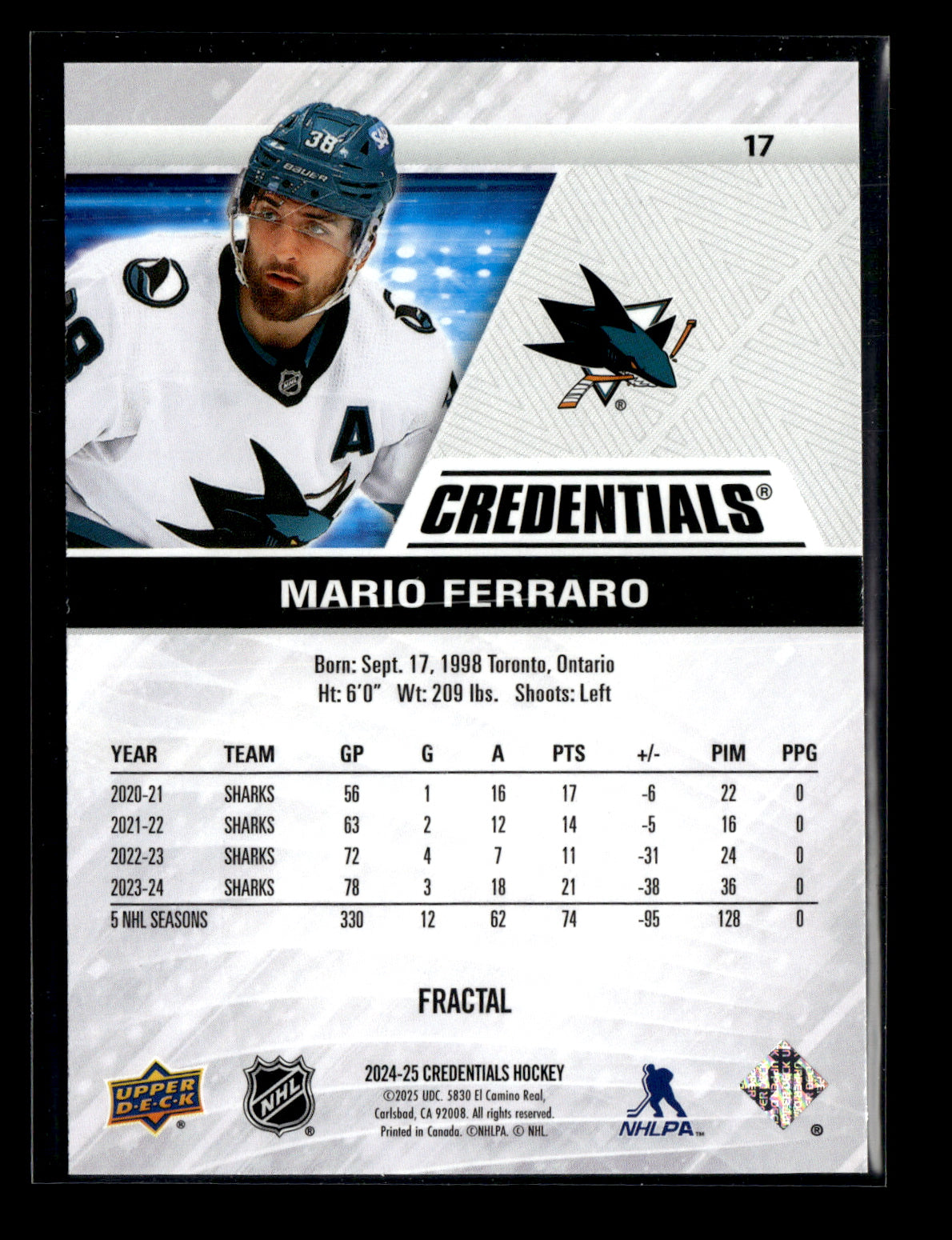 2024-25 Upper Deck Credentials Mario Ferraro #17 Fractal San Jose Sharks