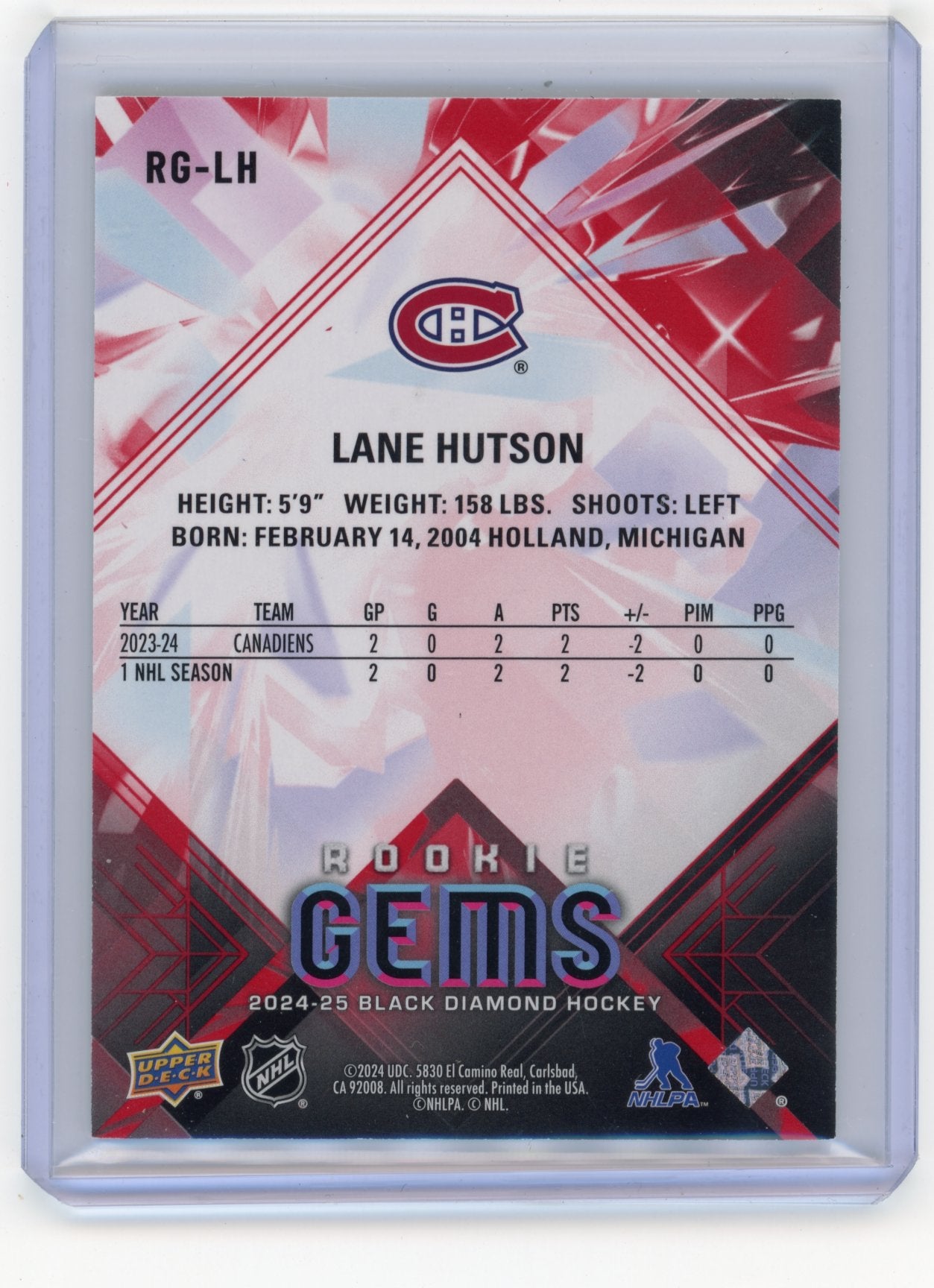2024-25 Upper Deck Black Diamond Lane Hutson #RG-LH Rookie Gems Red #/100 Montreal Canadiens